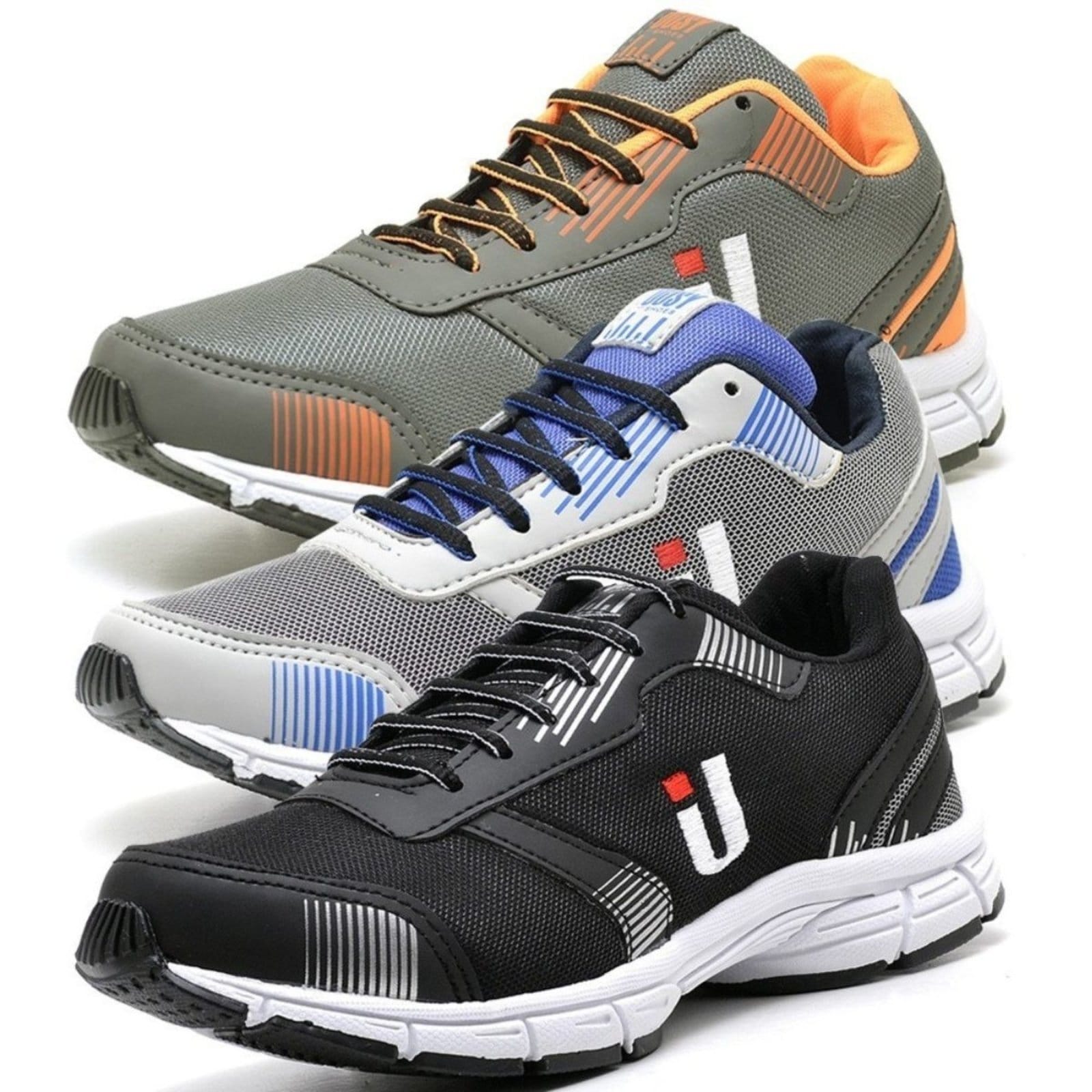 Vista principal Kit 3 Pares Tênis Masculino Casual Esportivo Caminhada Academia Corrida Leve Super Macio e Oferta OUSY SHOES cinza/laranja/preto