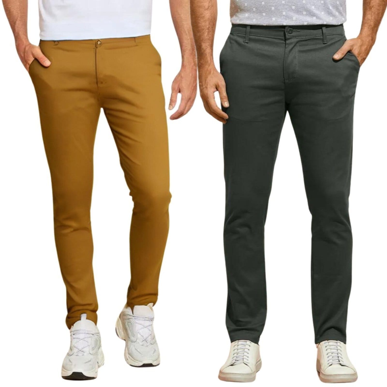 Vista principal Kit 2 Calças FMF de Sarja Chino Com Bolso Traseiro Embutido Alfaiataria Skinny Cinza e FMF caramelo