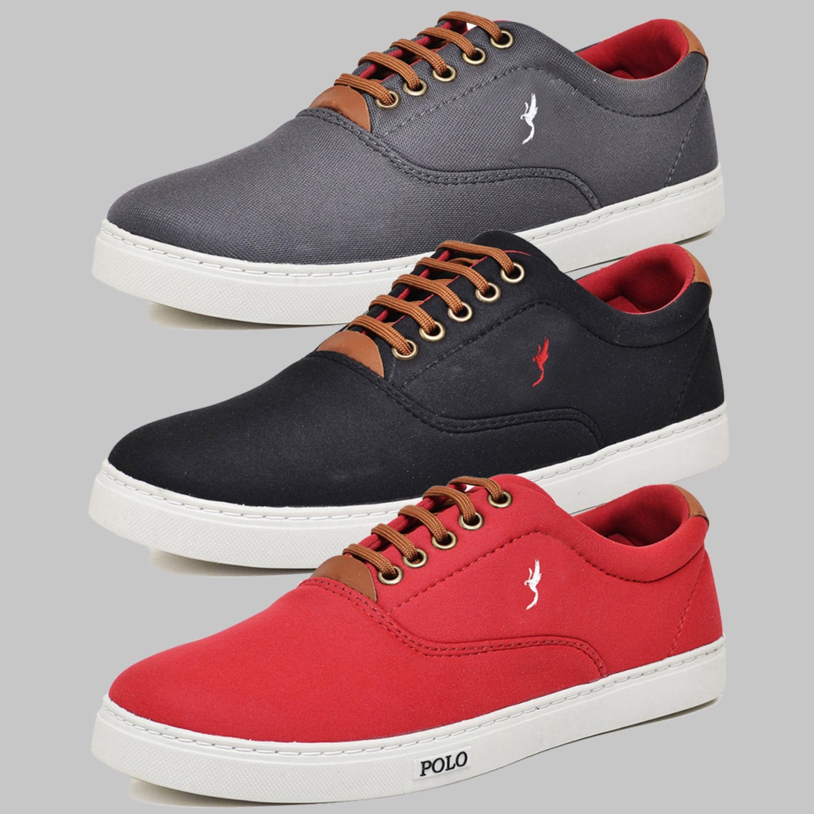 Kit 3 Pares Sapatênis Casual Masculino Polo Cinza/Preto/Vermelho