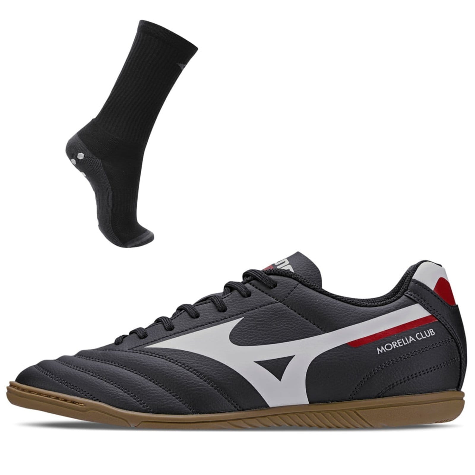 Vista principal Kit 1 Chuteira Futsal Masculina Mizuno Morelia Club In e 1 Meia Antiderrapante Cano Médio Mizuno preto