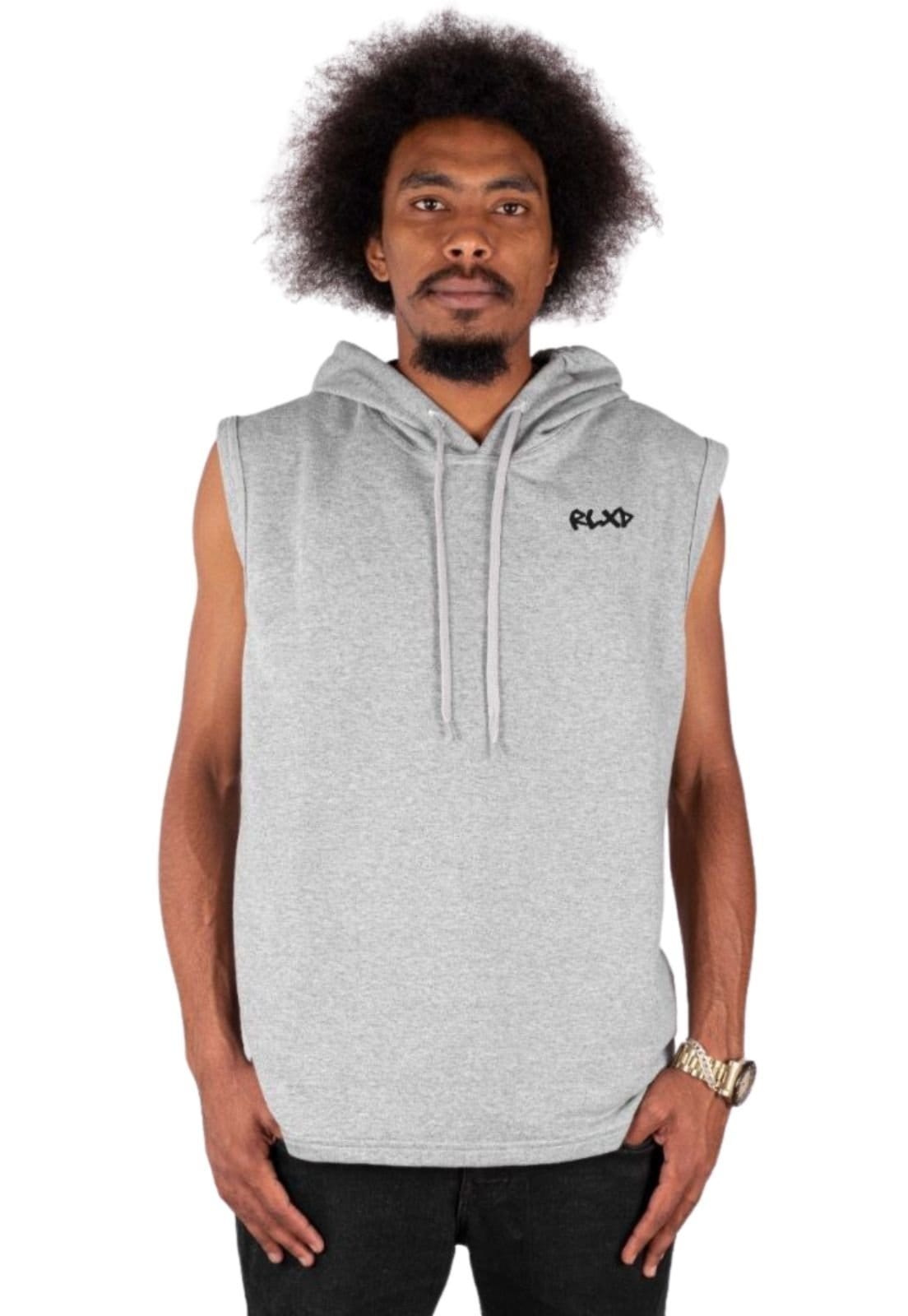 Vista principal Regata De Moletinho Com Capuz Ajustável Masculino Relaxado cinza