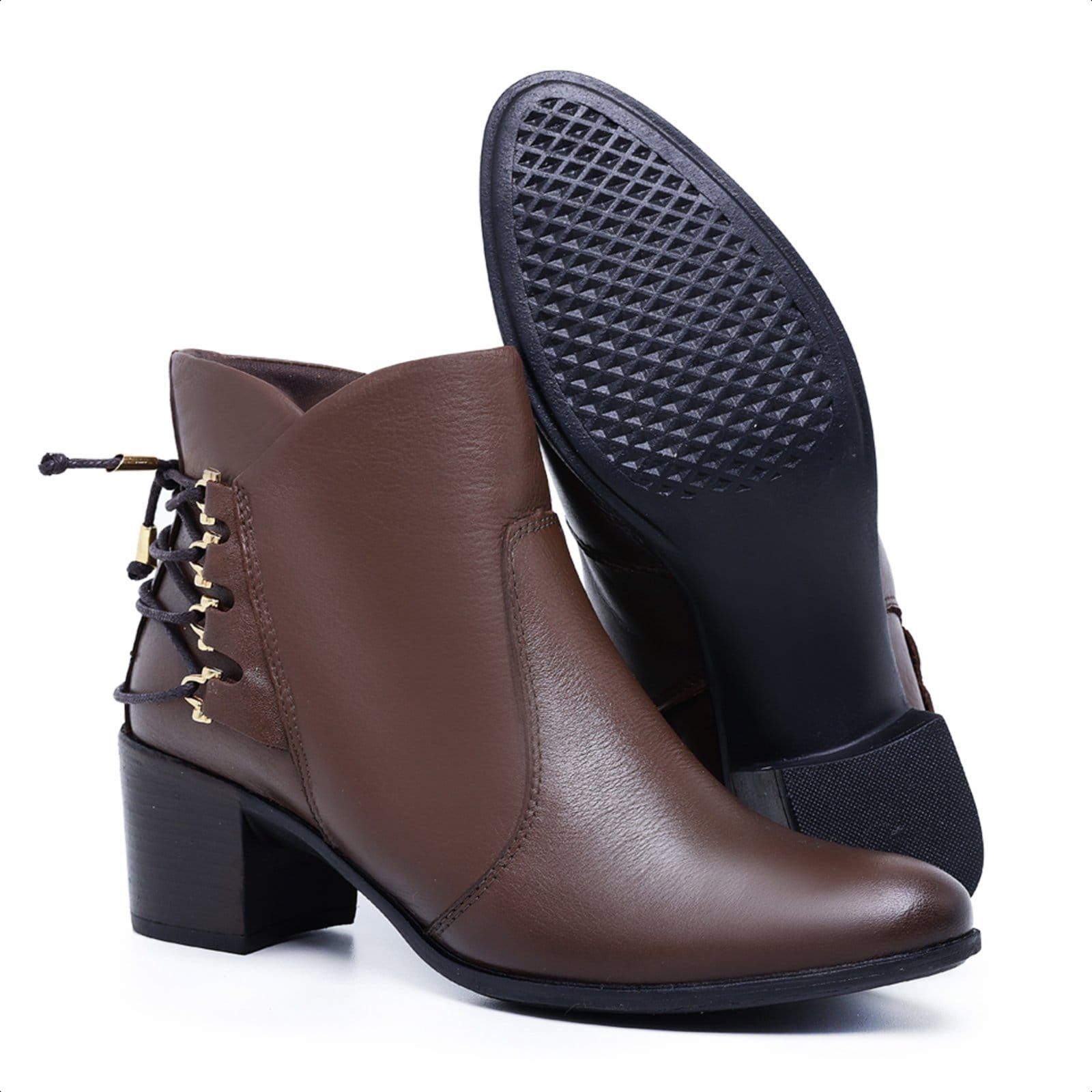 Vista 2 Bota Feminina Coturno em Couro Legítimo Cano Curto com Ziper Confortável Mod.1223 Cafe Mister Couros marrom