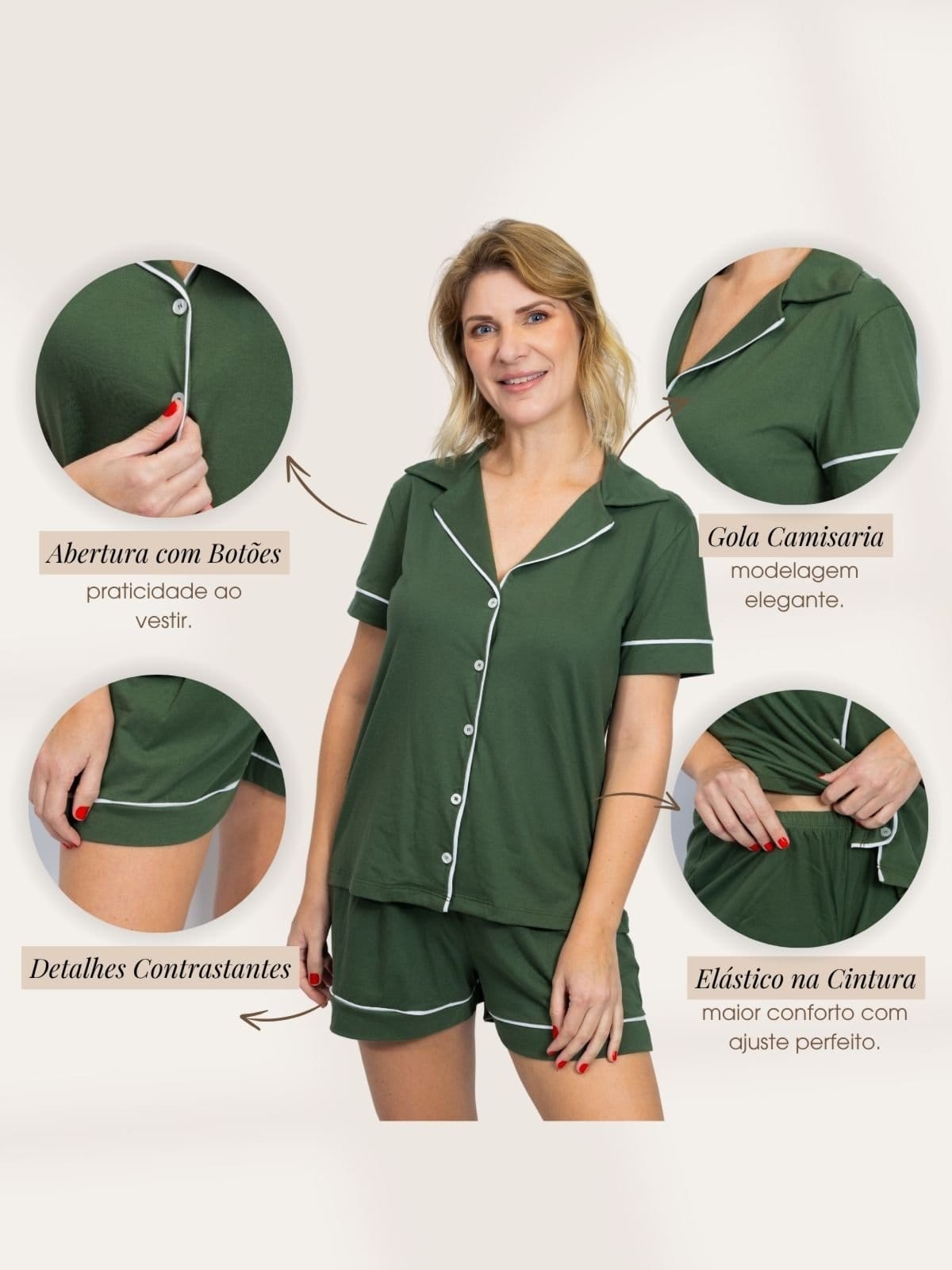 Vista 2 Pijama Piante Algodão Feminino Americano Curto Piante verde militar