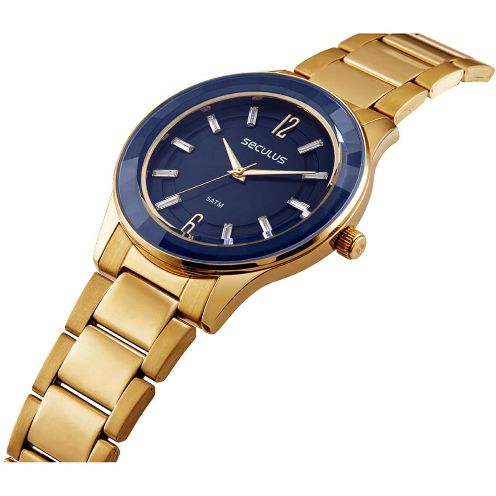 Vista 2 Relógio Feminino Vidro Facetado Cristais Azul e Dourado Seculus dourado azul