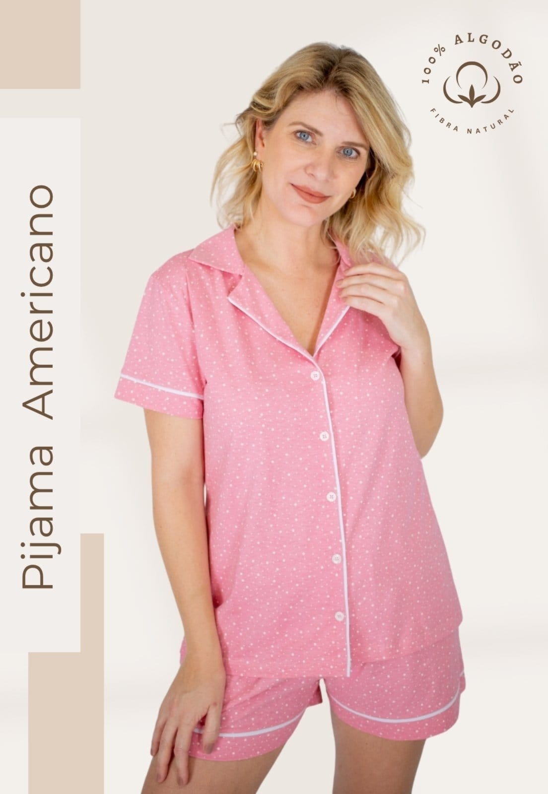 Pijama Algodão Piante Americano Manga Curta com Filete Poá