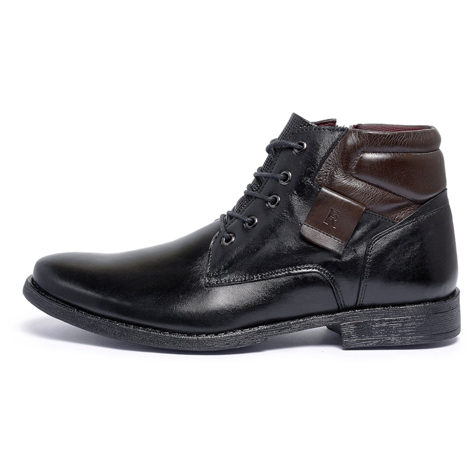 Bota Botina Coturno Ferrile em Couro Bico Redondo Zíper Preta e Marrom