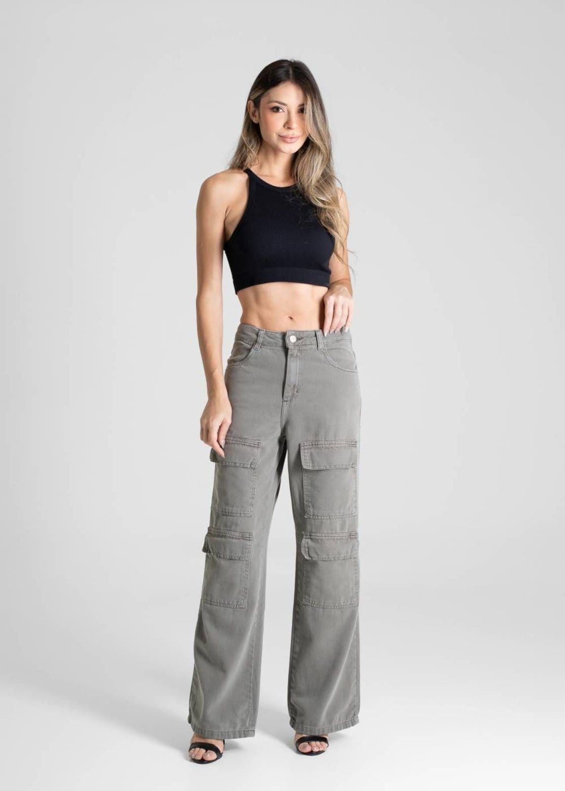 Vista 2 Calça Sarja Sawary Wide Leg - 281087 Sawary verde