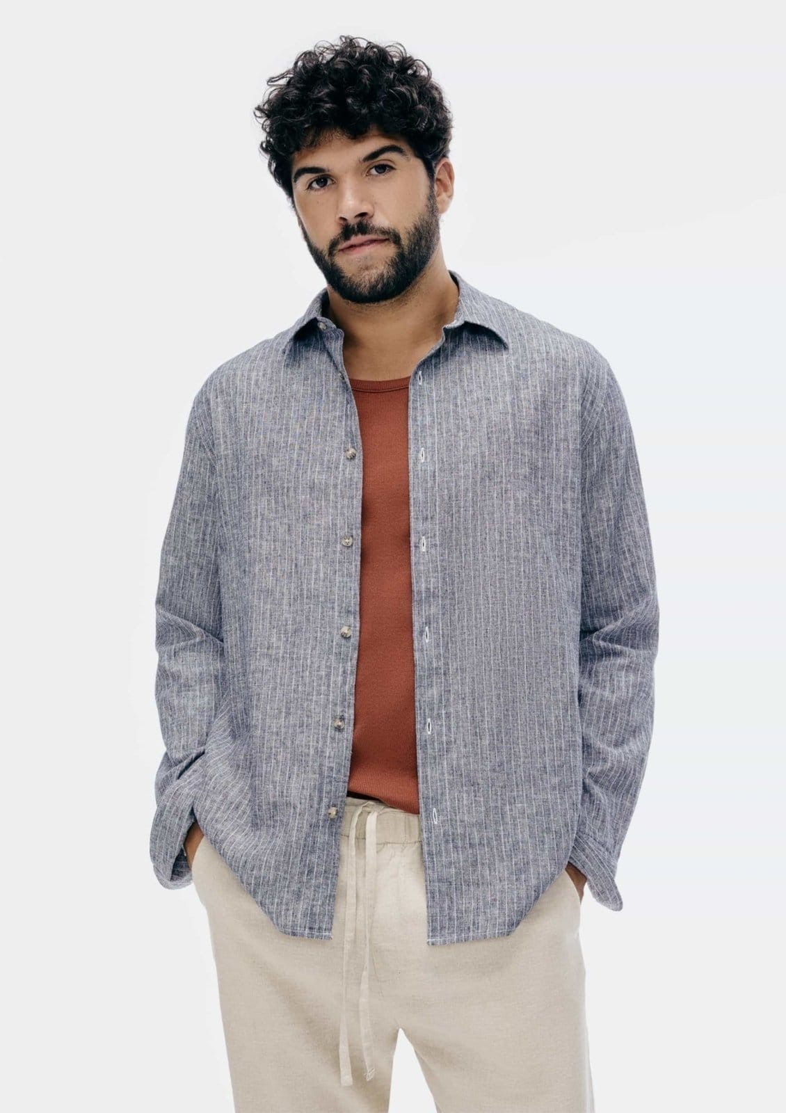 Camisa Masculina Manga Longa Listrada Em Linho