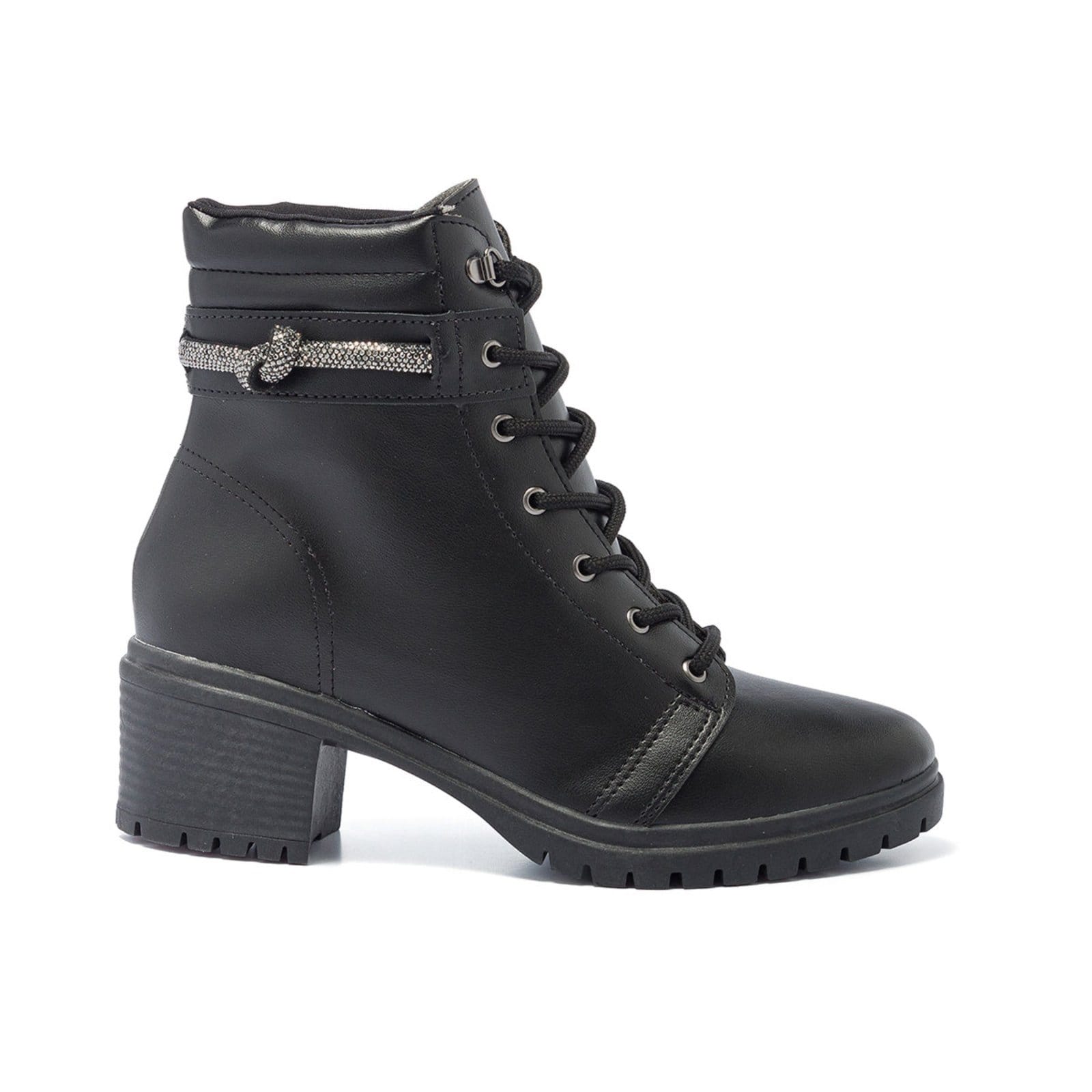 Vista principal Bota Coturno Feminino Cano Baixo Salto Tratorada Brilho Stessy Shoes preto