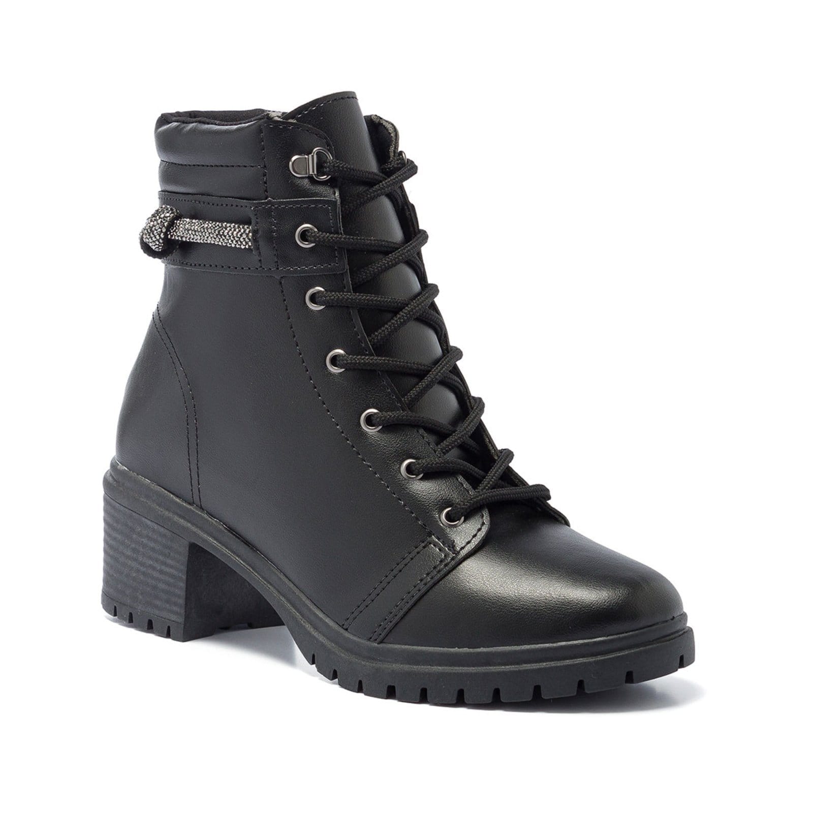 Vista 2 Bota Coturno Feminino Cano Baixo Salto Tratorada Brilho Stessy Shoes preto