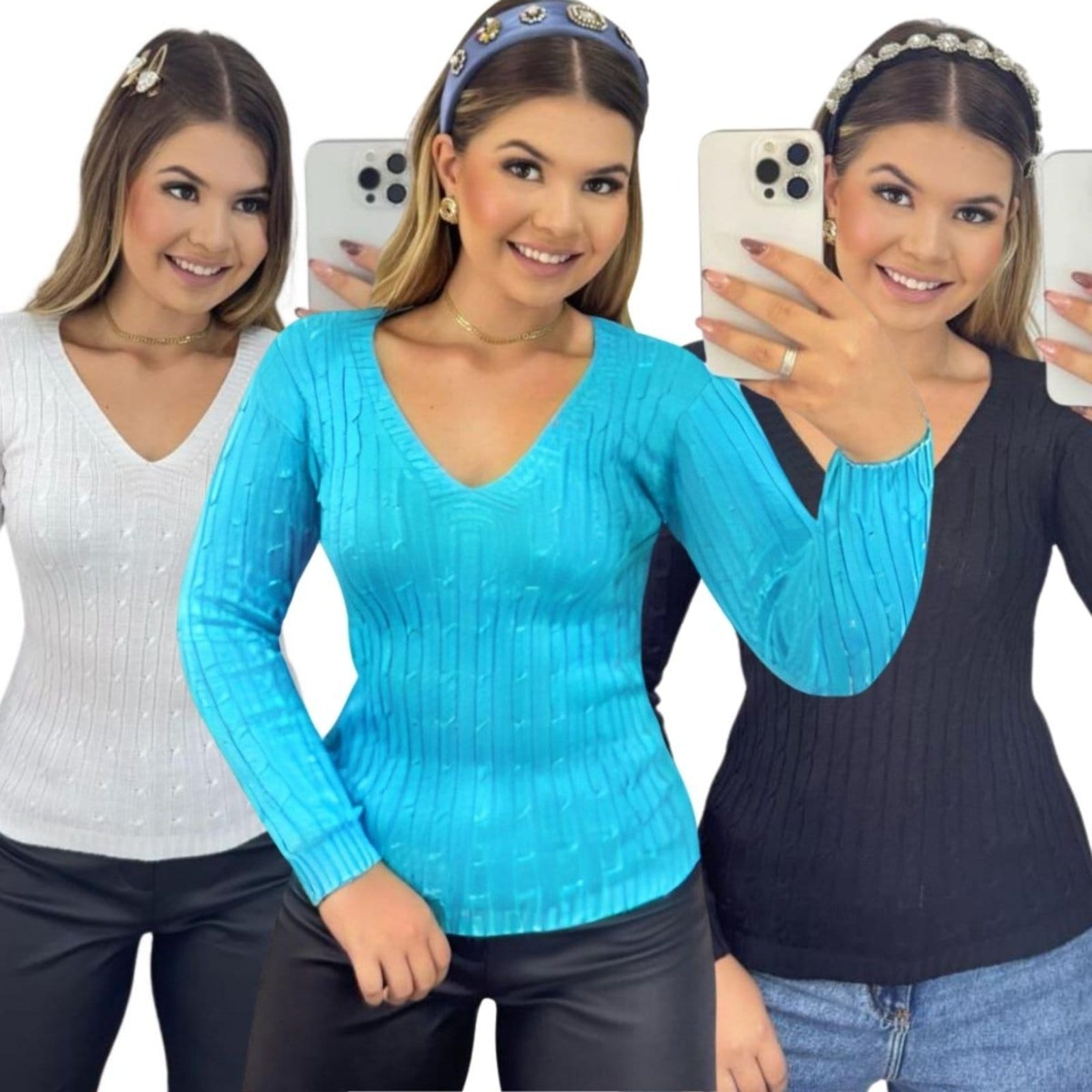 Kit 3 Blusas Vih Triny Femininas Suéter Malha Tricô Manga Longa