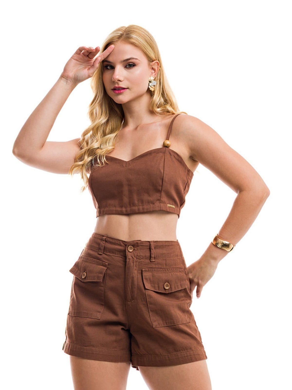 Vista 2 Short Restrito Jeans Meia Coxa de Linho com Bolsos Restrito Jeans marrom