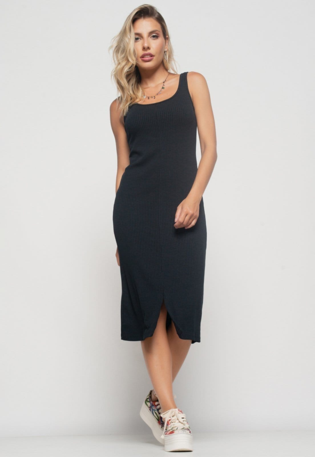 Vista 2 Vestido Salvatore Midi Fenda Canelado Salvatore Fashion azul marinho