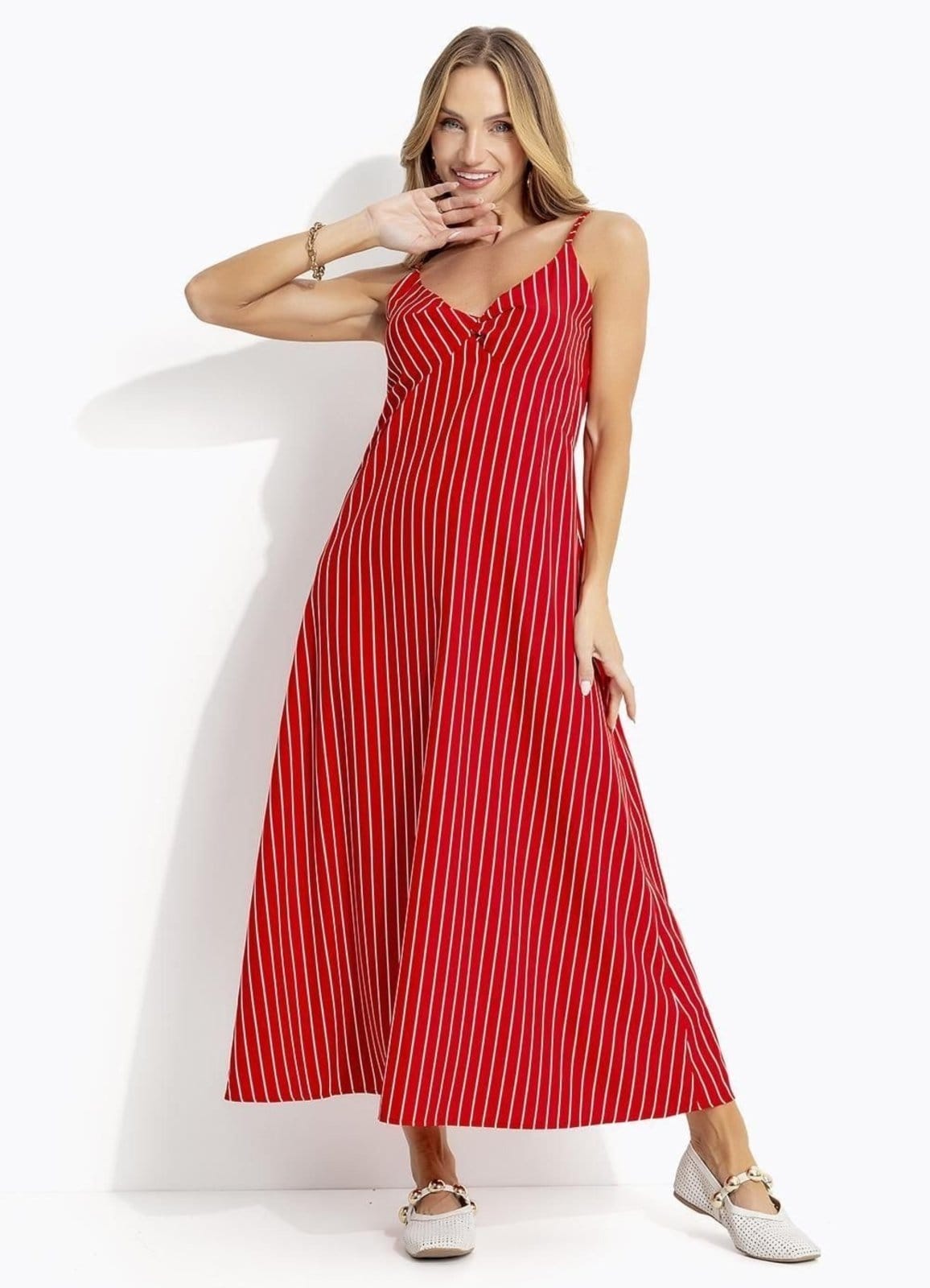 Vista principal Vestido Em Tecido De Poliéster Listrado Quintess vermelho