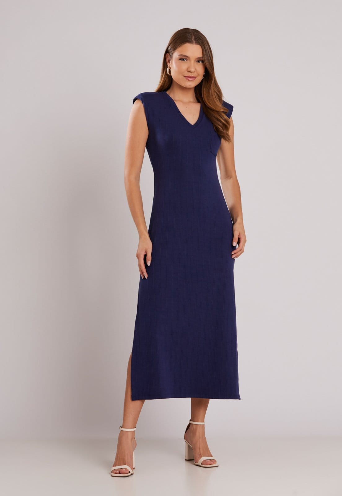 Vestido Malha Canelado Bandagem Miss Joy 8483 Longo Marinho