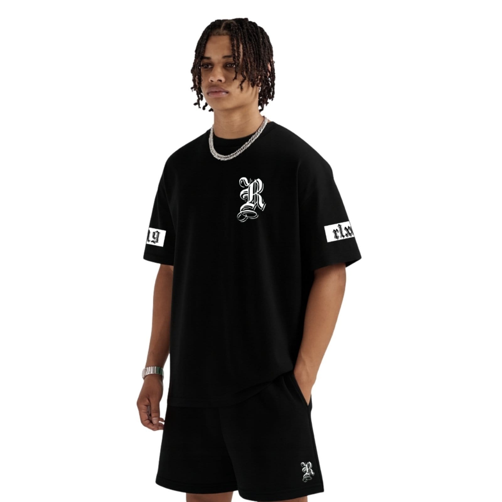 Vista principal Conjunto Camiseta Oversized e Bermuda Moletinho Estampado Rlxd 2019 Relaxado preto