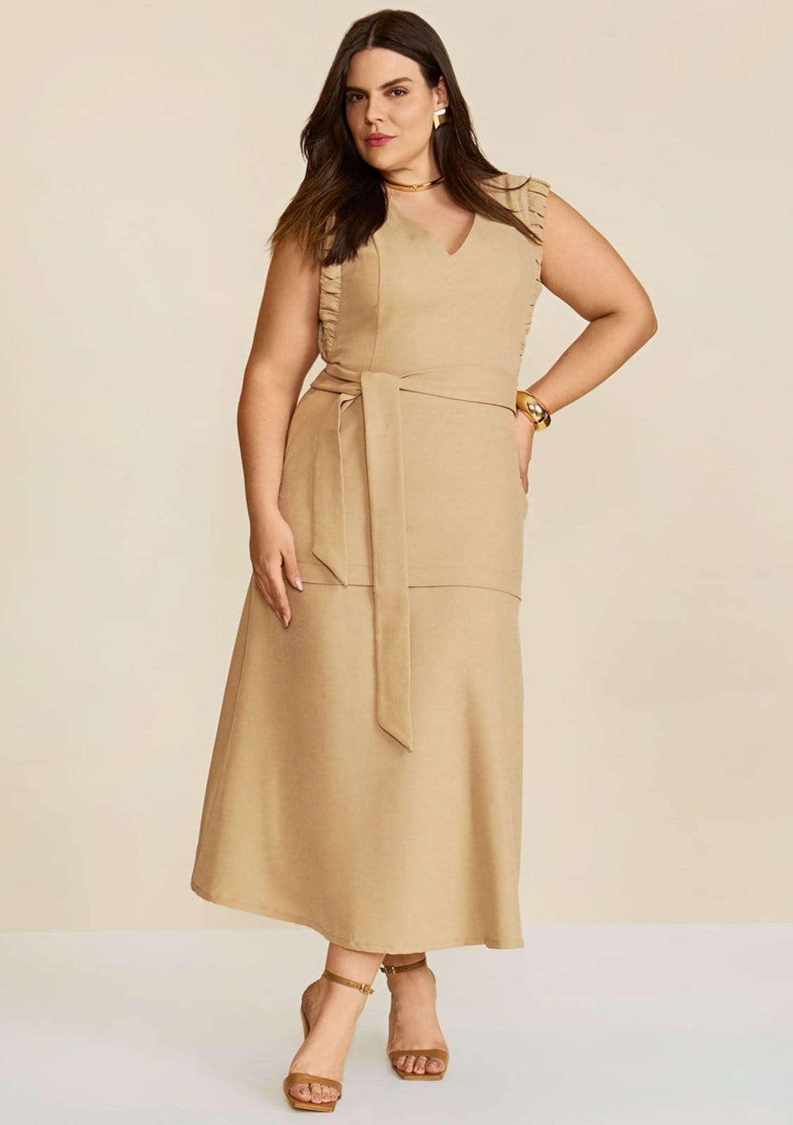 Vista principal Vestido Maria Valentina Solto Decote V Sem Manga Midi Maria Valentina bege