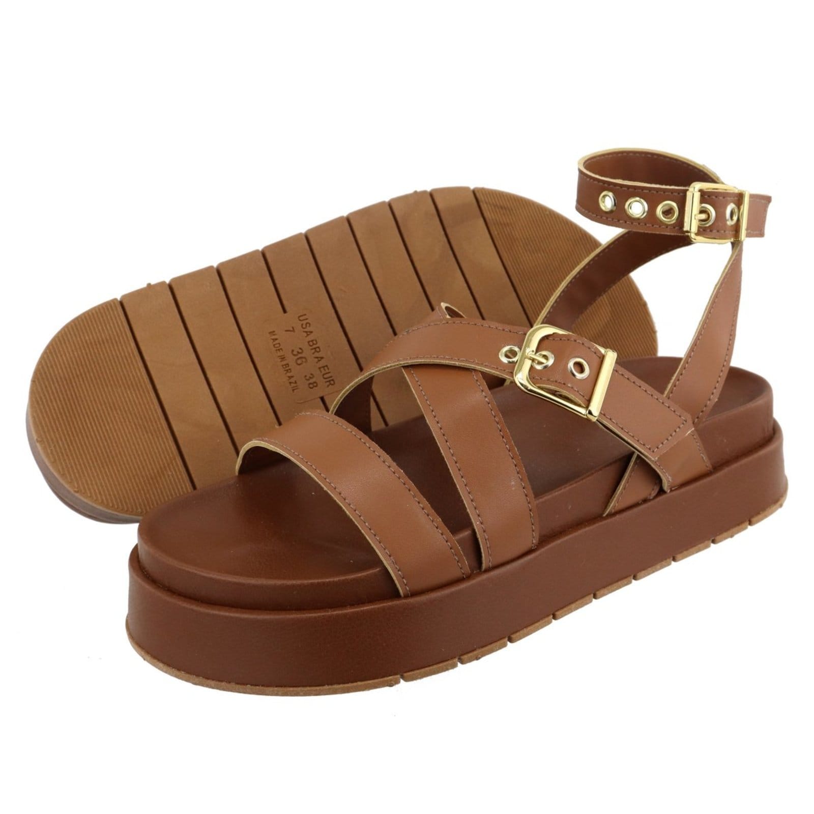 Vista 2 Sandalia Papete Flatform Feminina Tiras Sola Alta TELLINI STORE caramelo