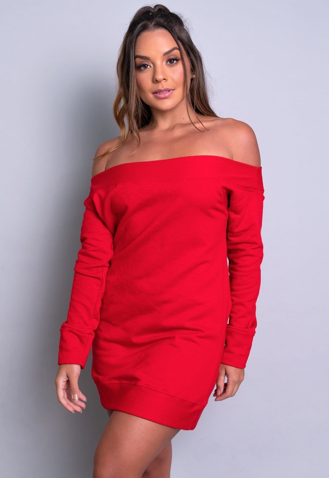 Vista 2 Vestido MVB Modas Manga Longa Moletom Flanelado Ombro a Ombro Mvb Modas vermelho