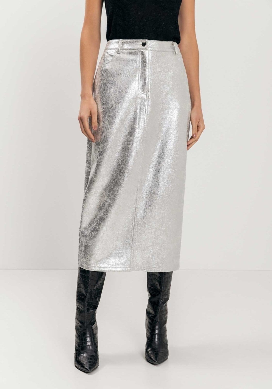 Vista 2 Saia Chá Com Cintura Média Em Suede Metalizado Lez a Lez prata