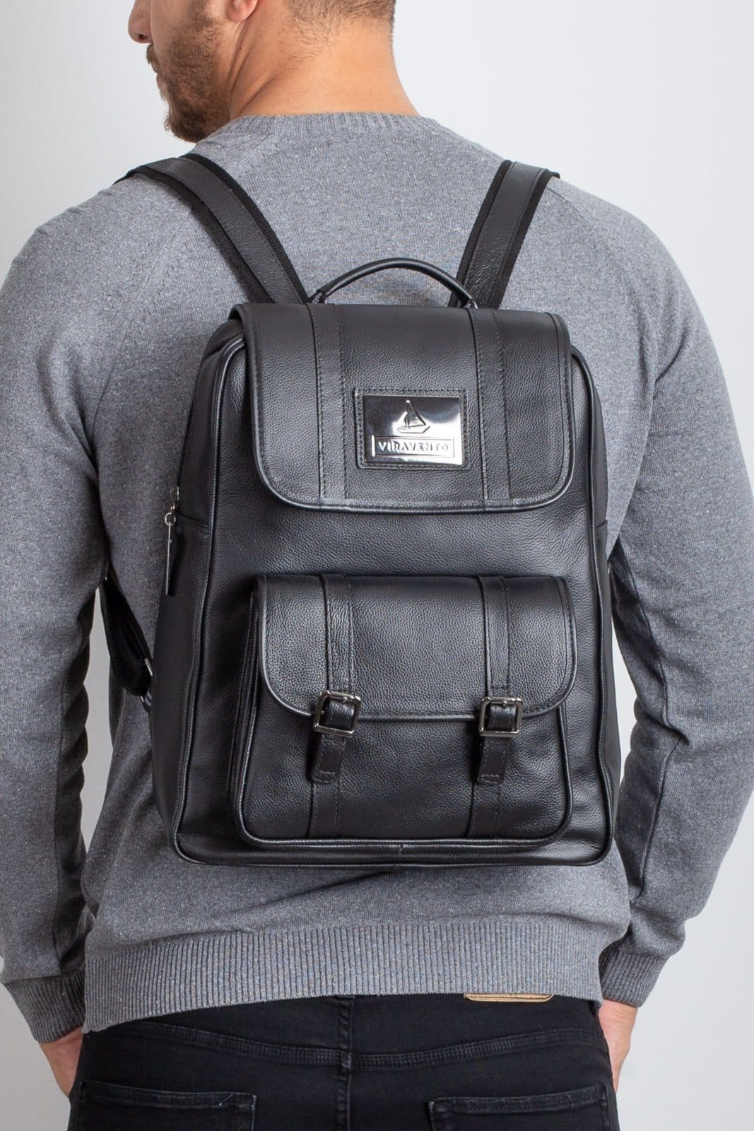 Vista 2 Mochila Vira Vento De Couro Trip - Preta Vira Vento café