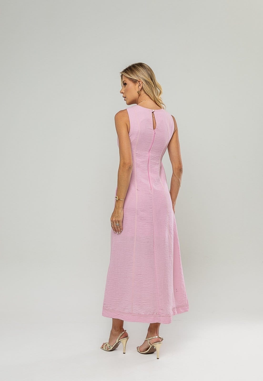 Vista 2 Vestido Midi Com Fenda Frontal E Costura Contrastante Salvatore Salvatore Fashion rosa
