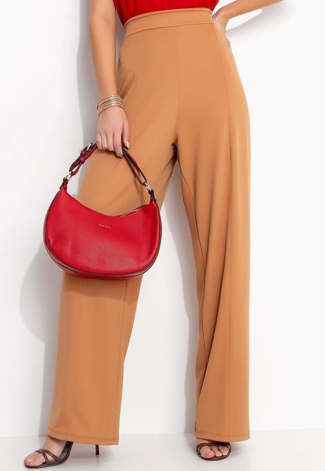 Vista principal Calça Em Malha Crepe Bege Quintess marrom