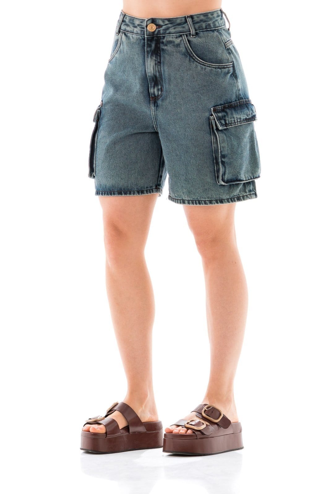 Bermuda Jeans Feminina Arauto Mom Cargo Brown