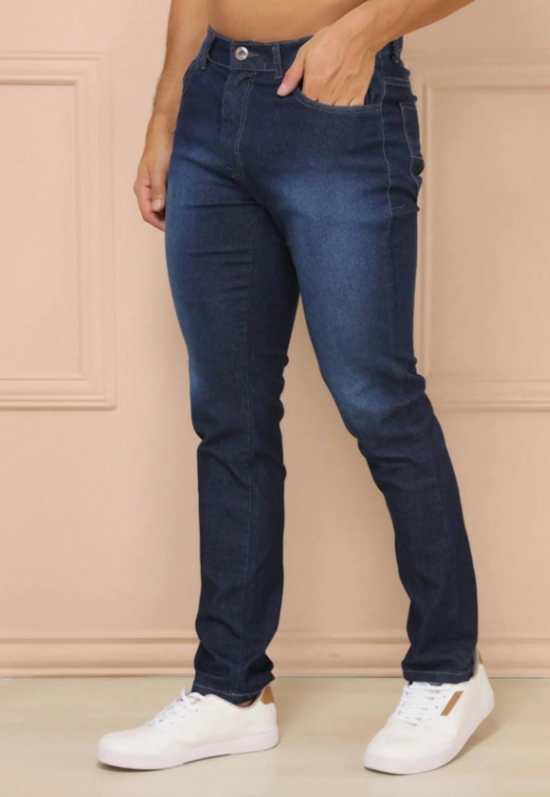 Calça Jeans Masculina Básica 5 Estilos Confortável Com Elastano Lavagem Escura