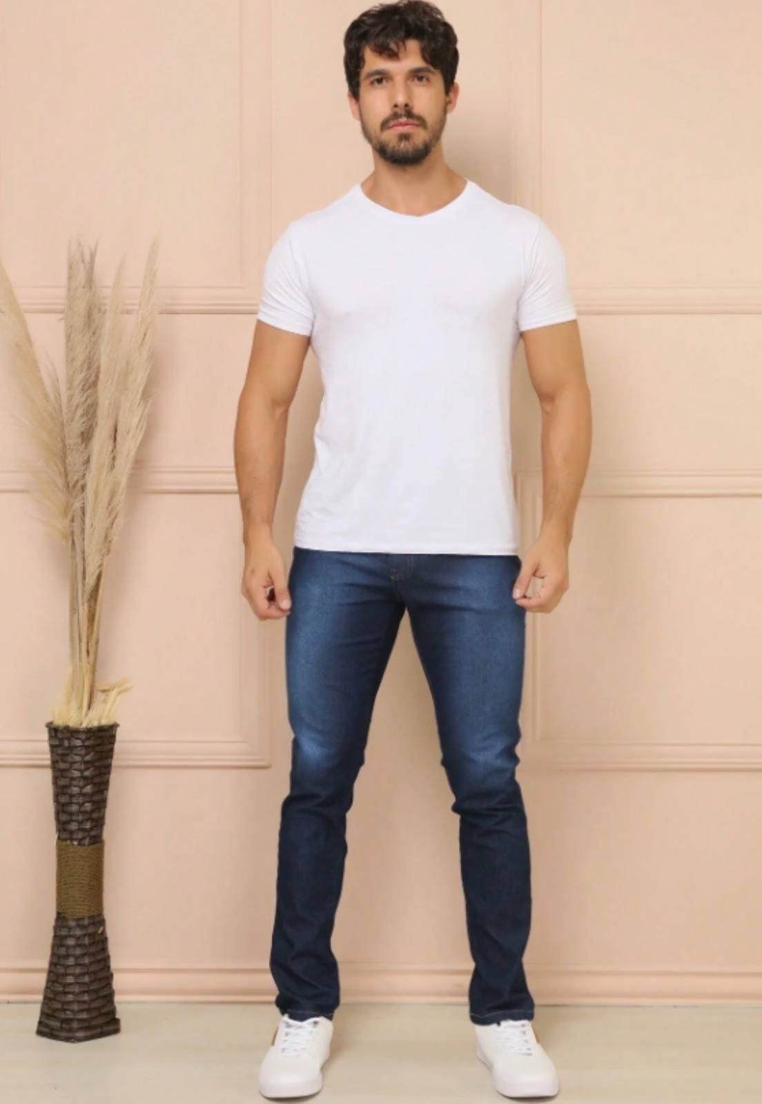 Vista 2 Calça Jeans Masculina Básica 5 Estilos Confortável Com Elastano Lavagem Escura 5 ESTILOS azul