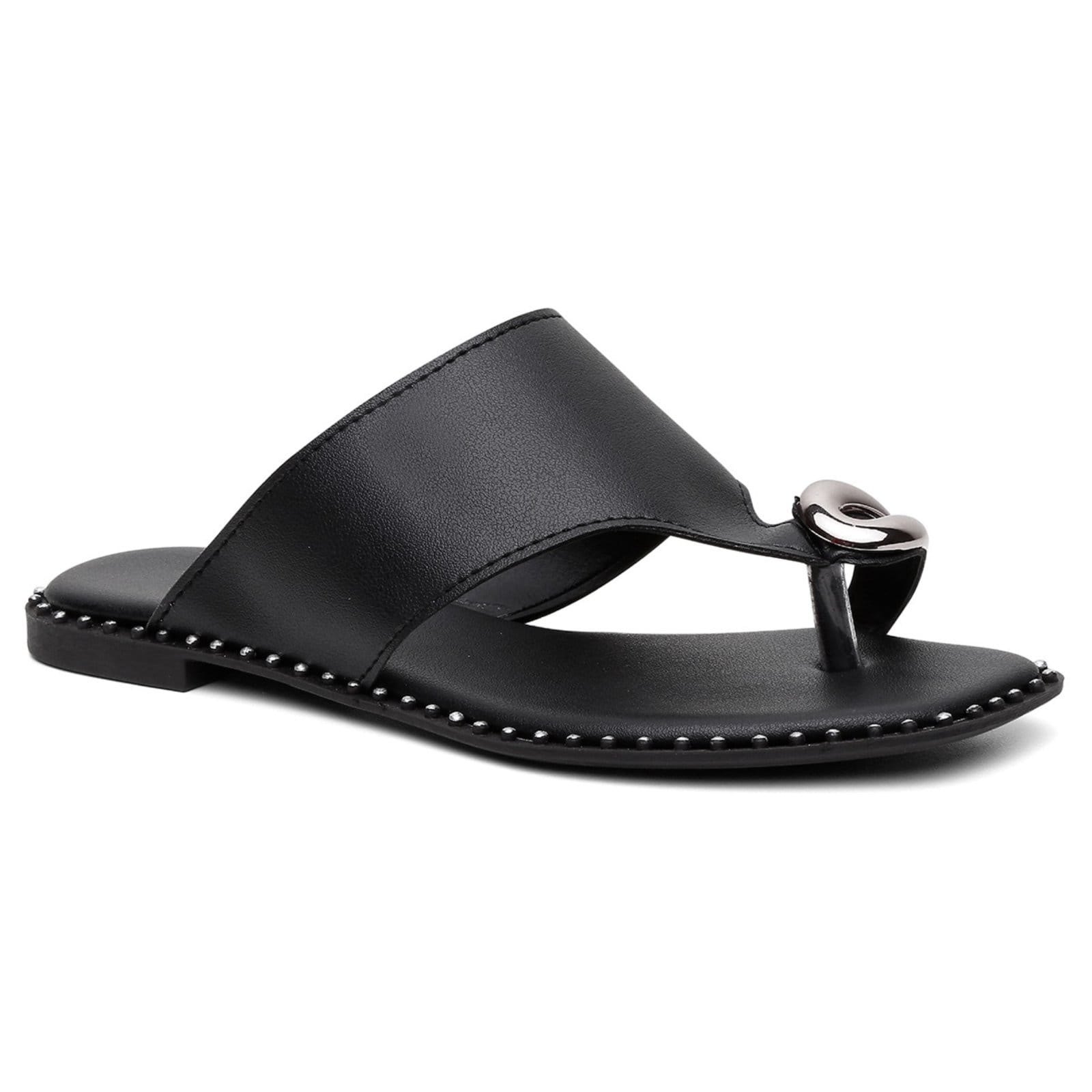 Sandália Feminina Rasteira Aplique Anel Dourado Preta