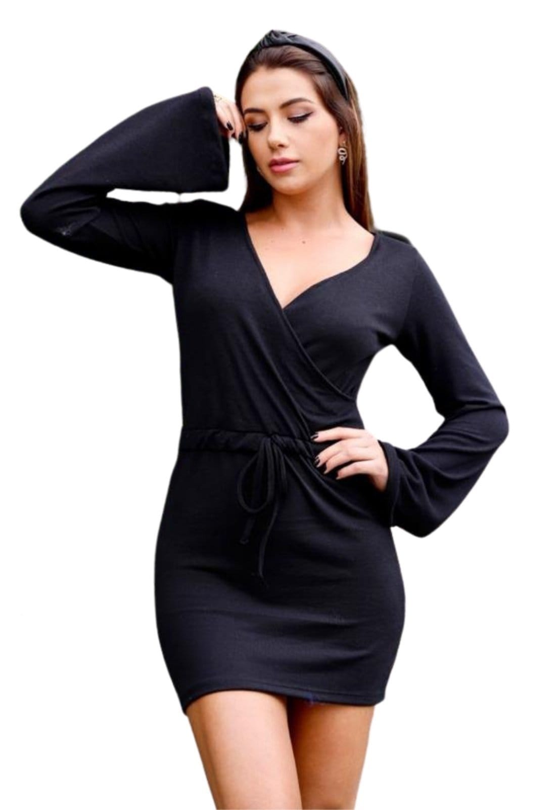 Vestido de Inverno Comfy Lãzinha Transpasse Manga Longa Flare