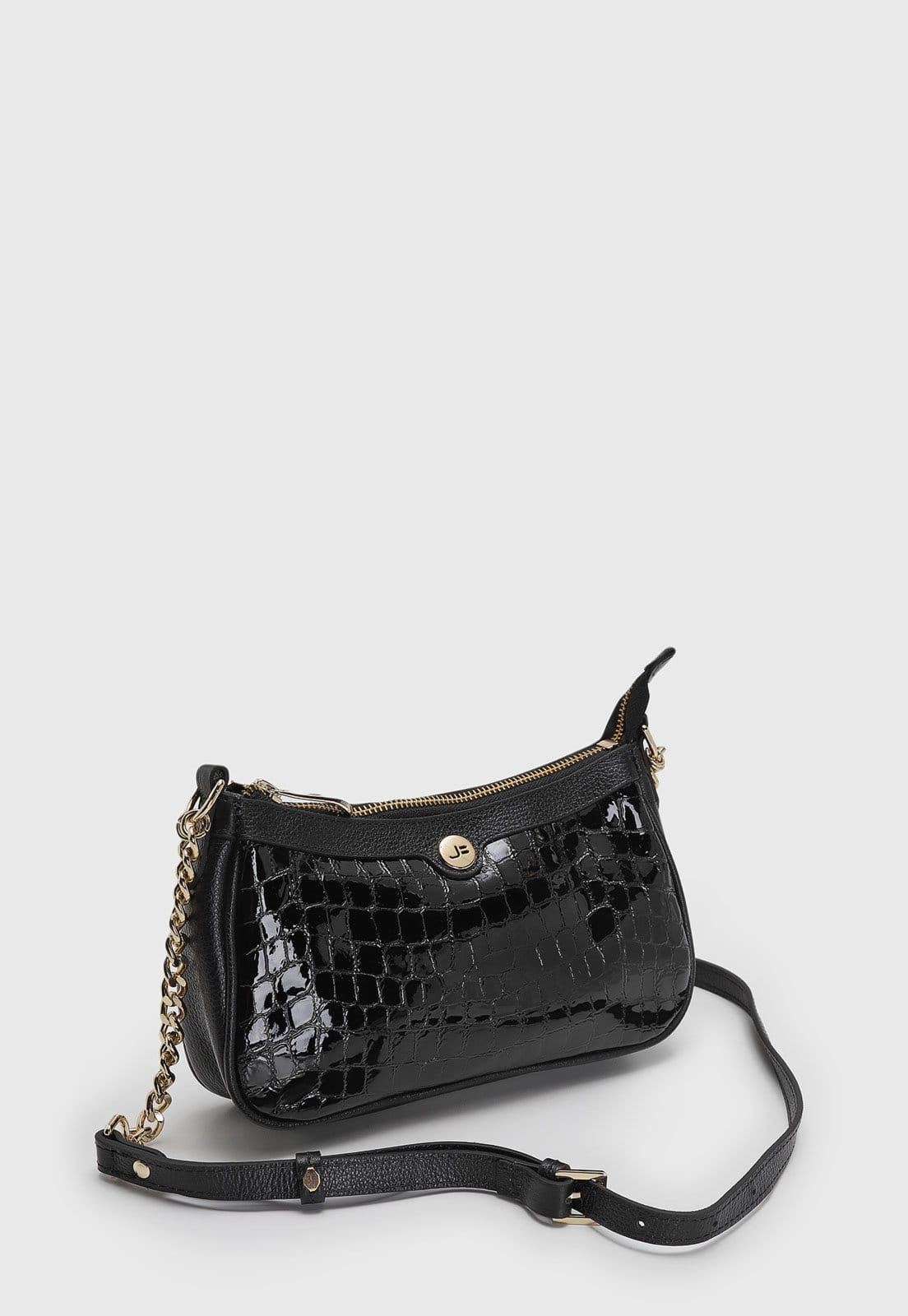 Vista 2 Bolsa Pequena Feminina Jorge Bischoff Croco Verniz Preta Jorge Bischoff preto
