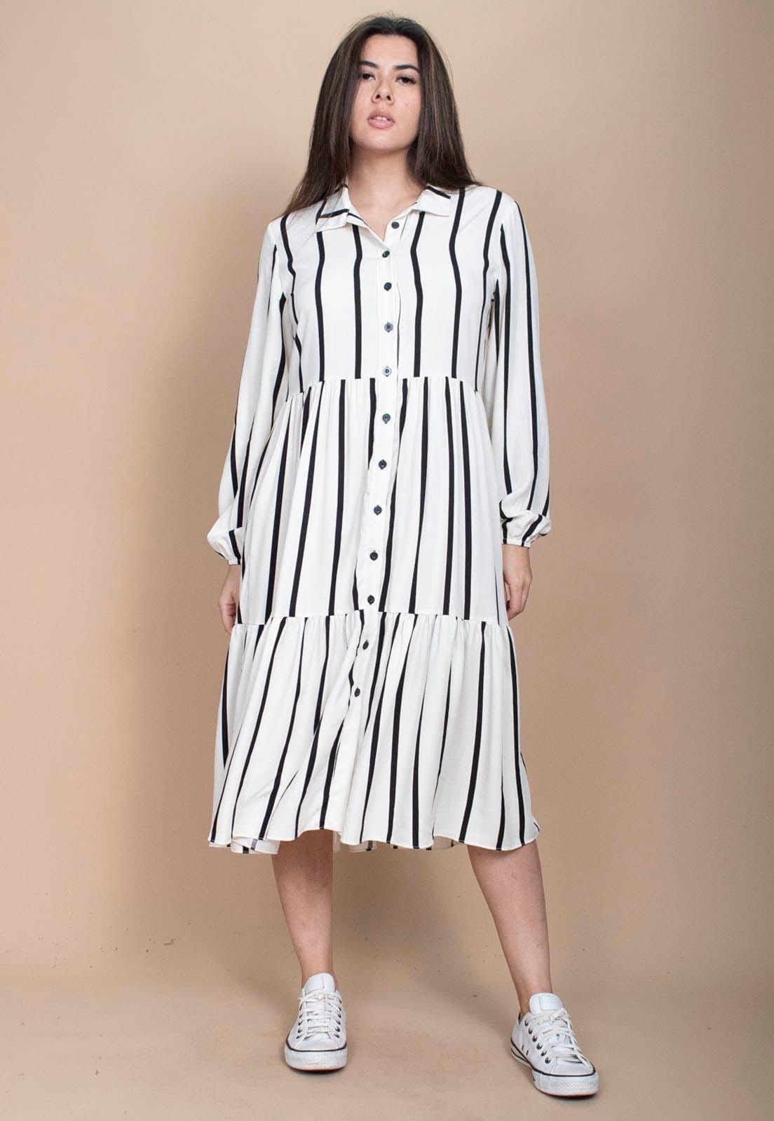 Vista 2 Vestido Cabanafree Midi Estampa Essencial Listrada Branco Cabanafree estampado/listrado/preto