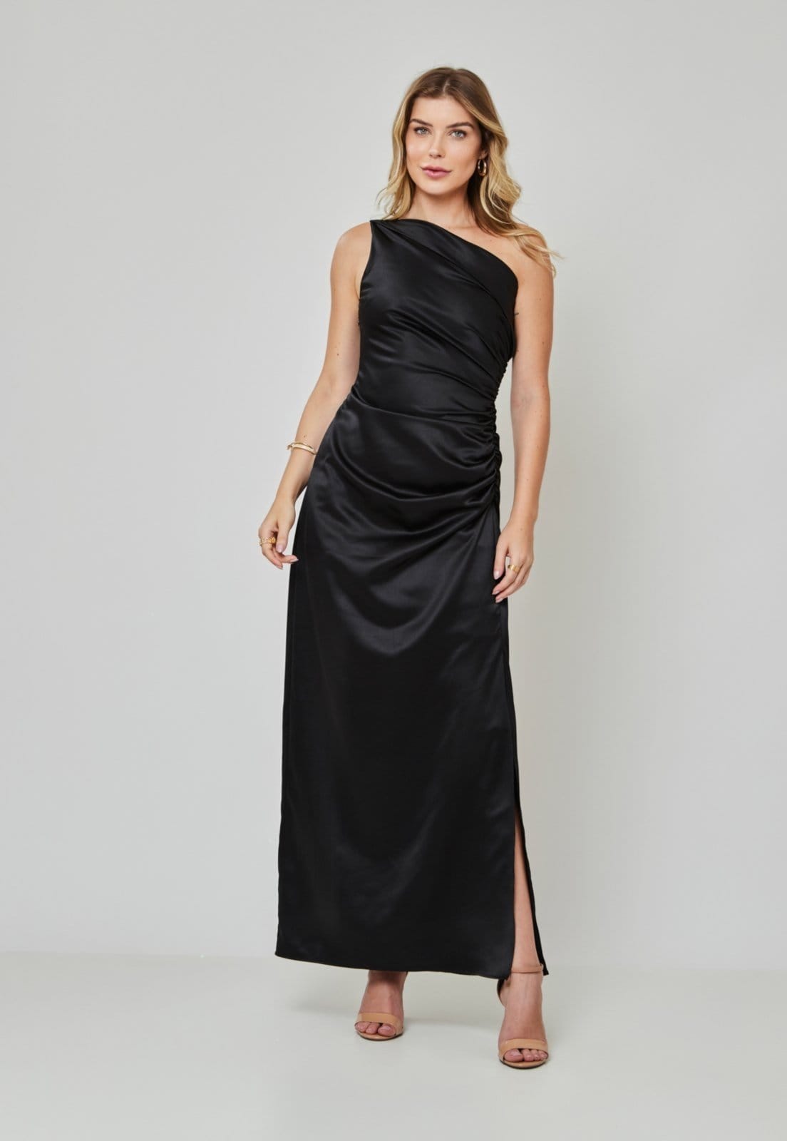 Vista principal Vestido Festa Cetim Longo Liso Miss Joy 7471 Feminino MISS BY JOY preto