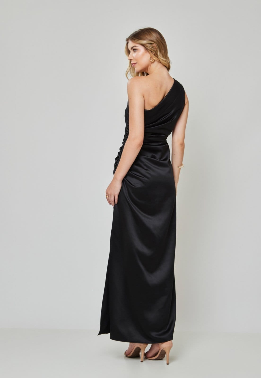 Vista 2 Vestido Festa Cetim Longo Liso Miss Joy 7471 Feminino MISS BY JOY preto