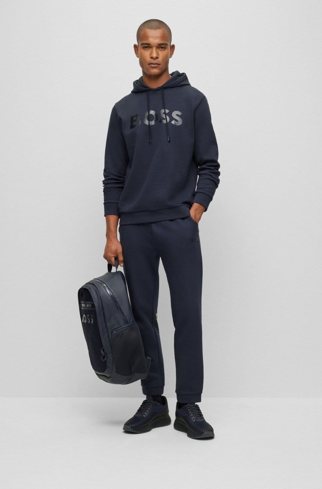 Vista 2 Moletom Com Capuz Em Piqué De Algodão De Ajuste Descontraído Com Logo Boss azul marinho