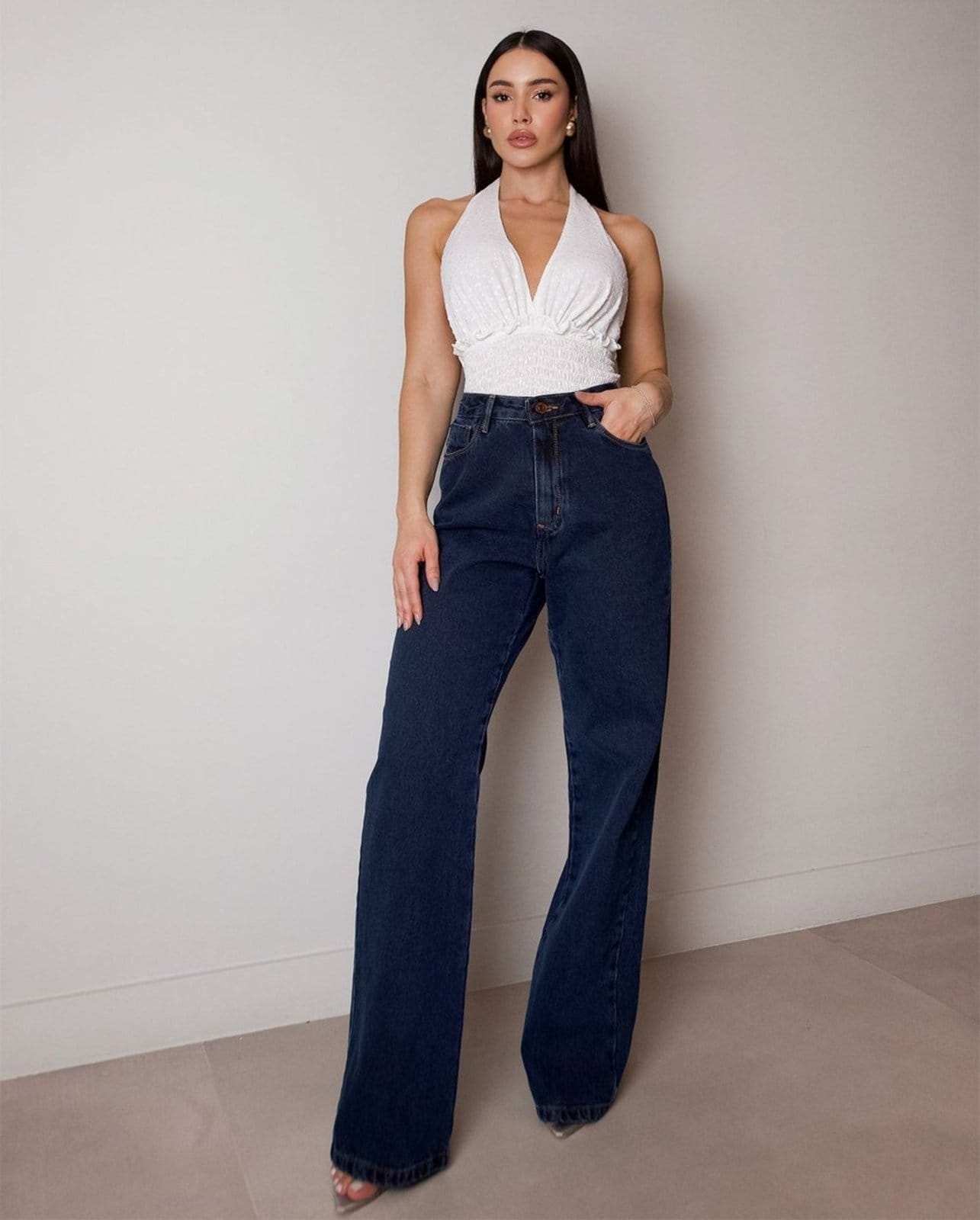 Calça Jeans Wide Leg Feminina Cintura Alta Básica Algodão 29000 Black Blue