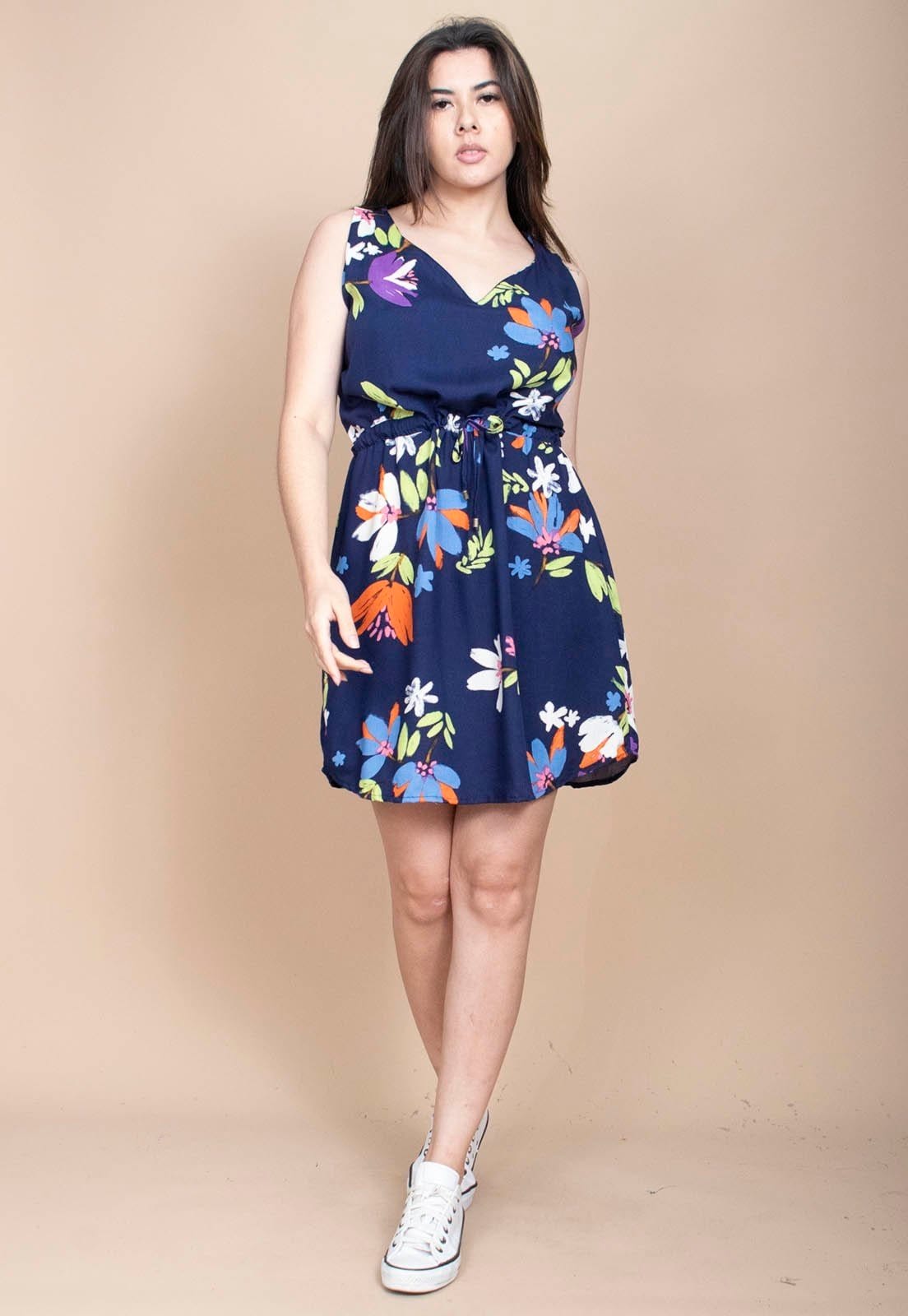 Vista principal Vestido Cabanafree Plano Curto Estampa Festa das Flores Cabanafree azul/estampado/laranja/verde azul