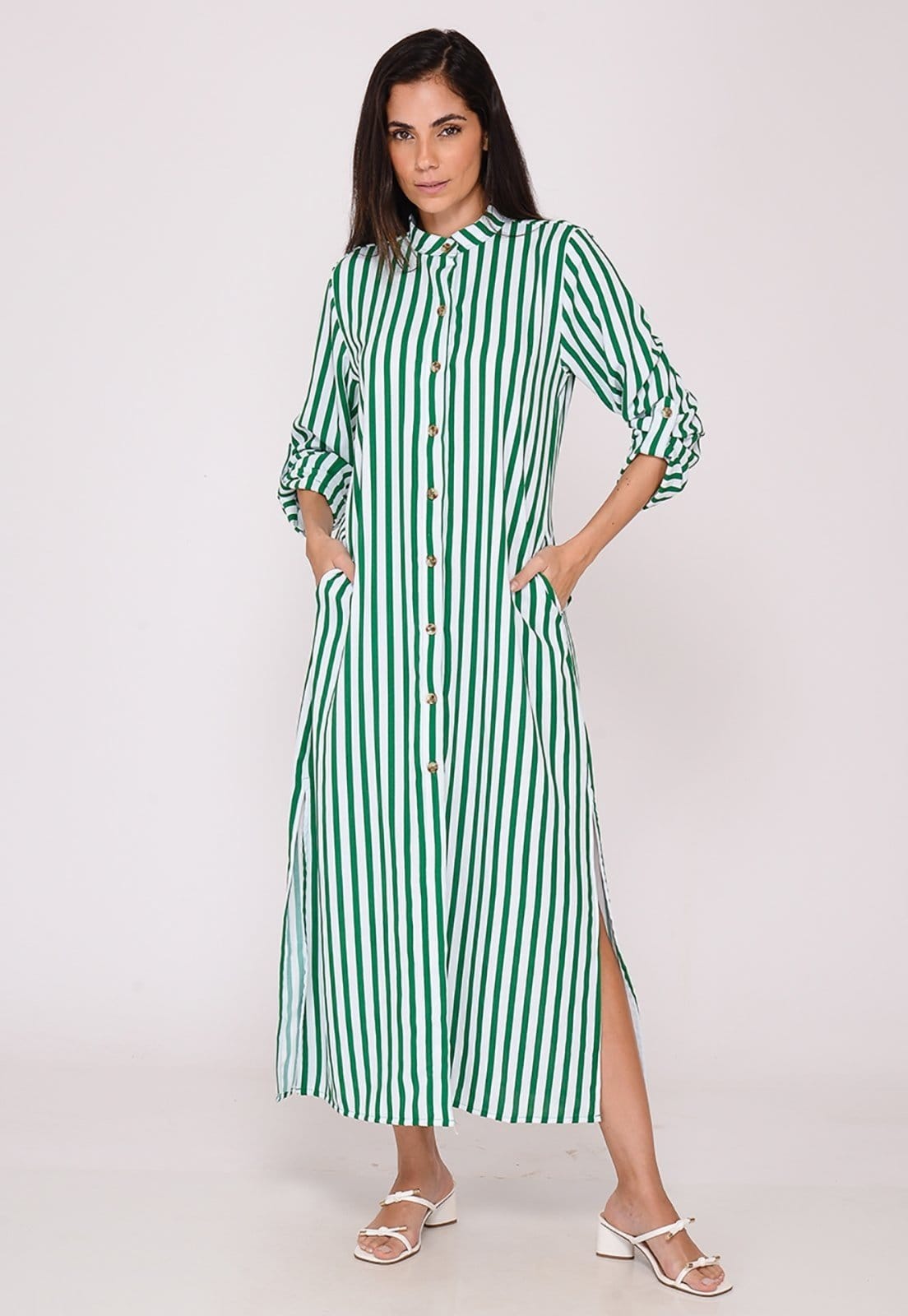 Vestido Chemise Botões M/L B’Bonnie Valentina Listra Verde