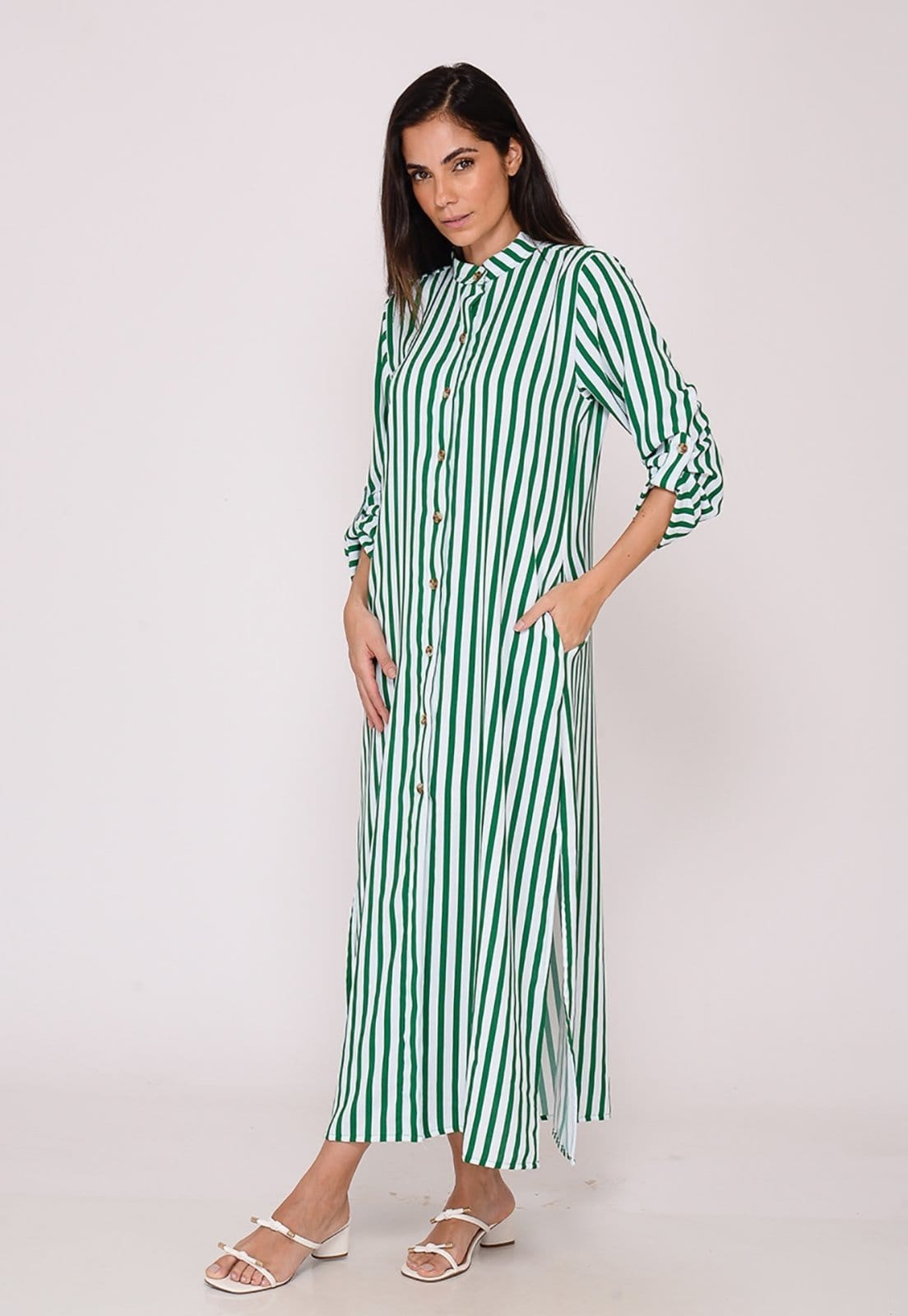 Vista 2 Vestido Chemise Botões M/L B’Bonnie Valentina Listra Verde B'Bonnie listrado verde