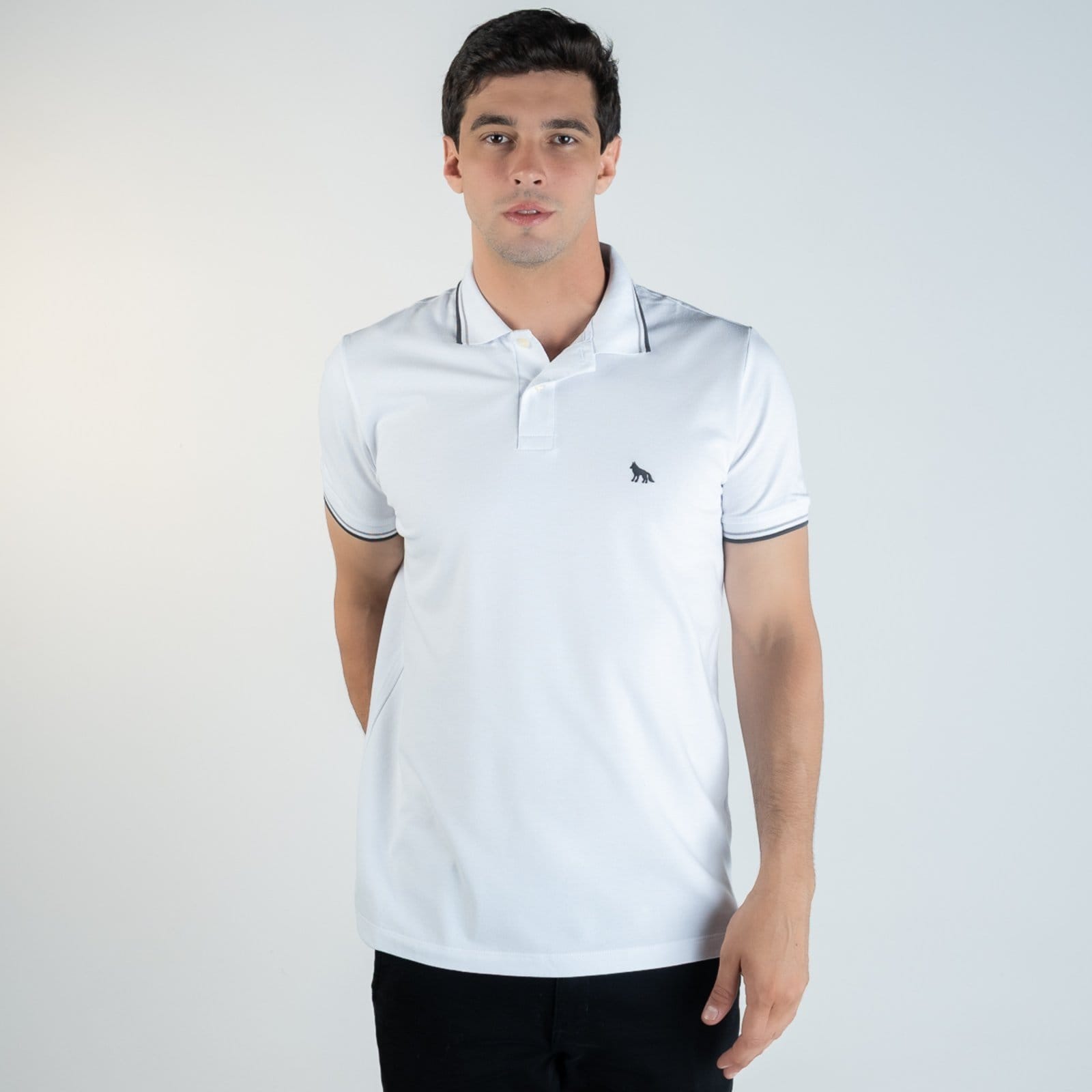 Vista principal Camisa Polo Acostamento Branca Frisos Chumbo Acostamento branco