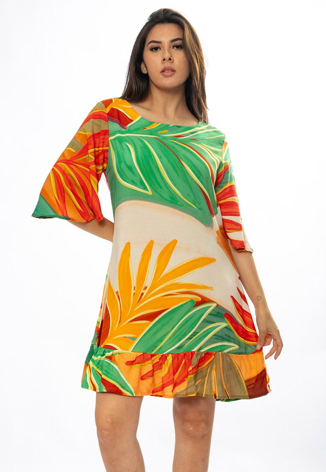 Vista principal Vestido Amazonia Vital Curto Viscose Estampa Jardim do Sol Amazonia Vital amarelo/estampado/laranja/verde