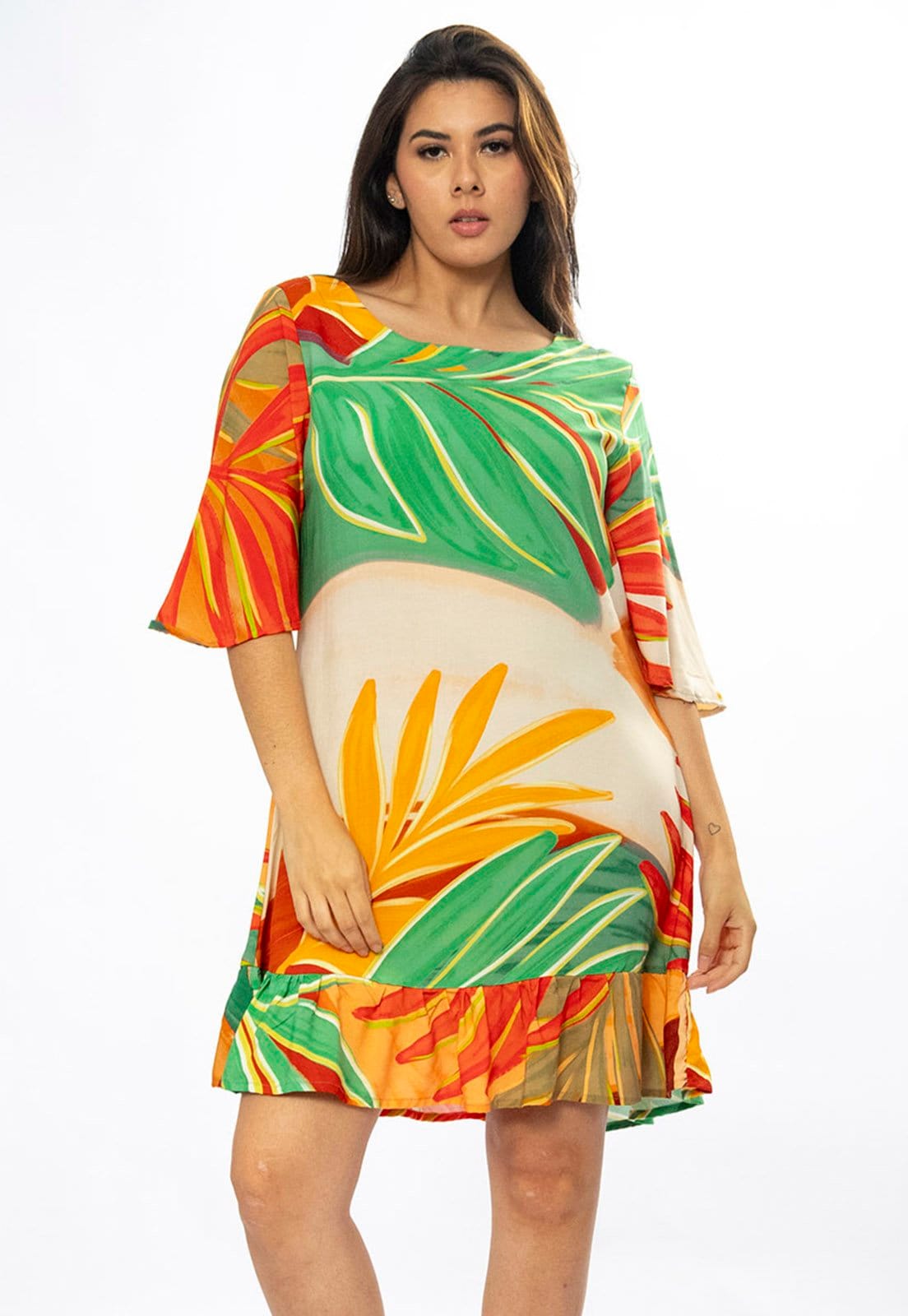 Vista 2 Vestido Amazonia Vital Curto Viscose Estampa Jardim do Sol Amazonia Vital amarelo/estampado/laranja/verde
