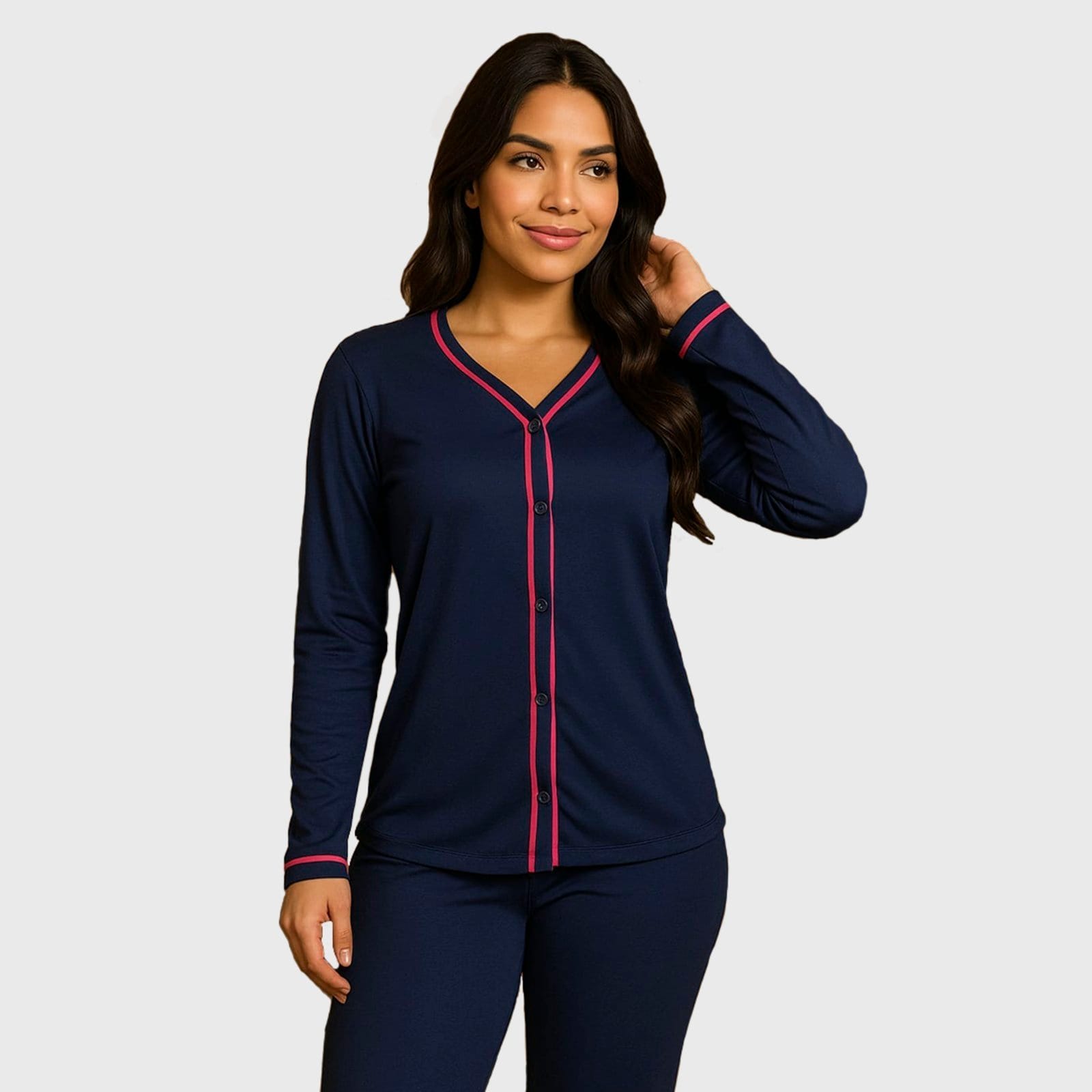 Vista principal Pijama Blogueira Gabi Lingerie Manga Longa Feminino Frontal Confortável Moda Casual Básico Marinho Gabi Lingerie azul/azul marinho azul