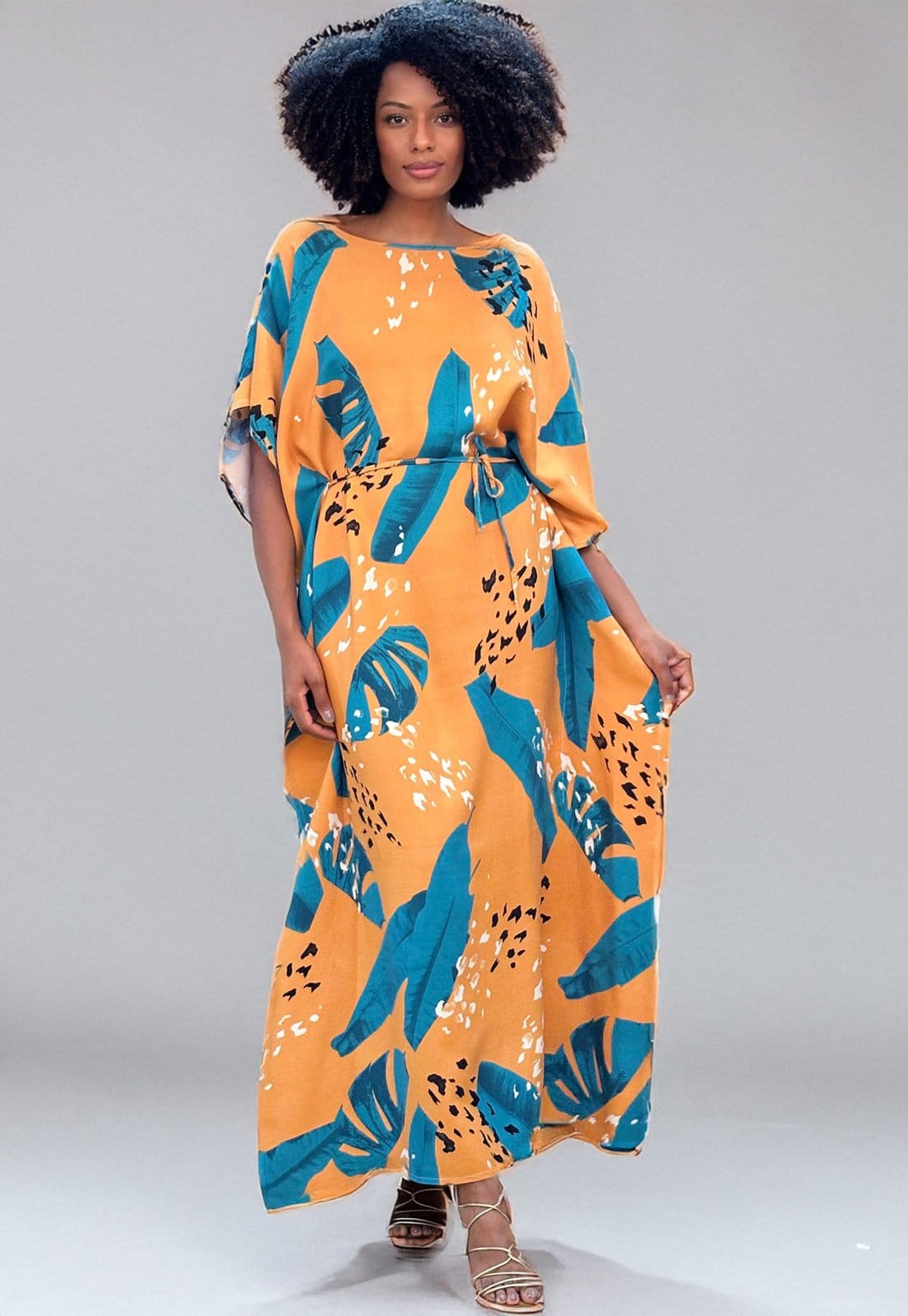 Vista 2 Vestido Amazonia Vital Kaftan Viscose Longo Estampa Aurora Botânica Amazonia Vital azul/estampado/laranja