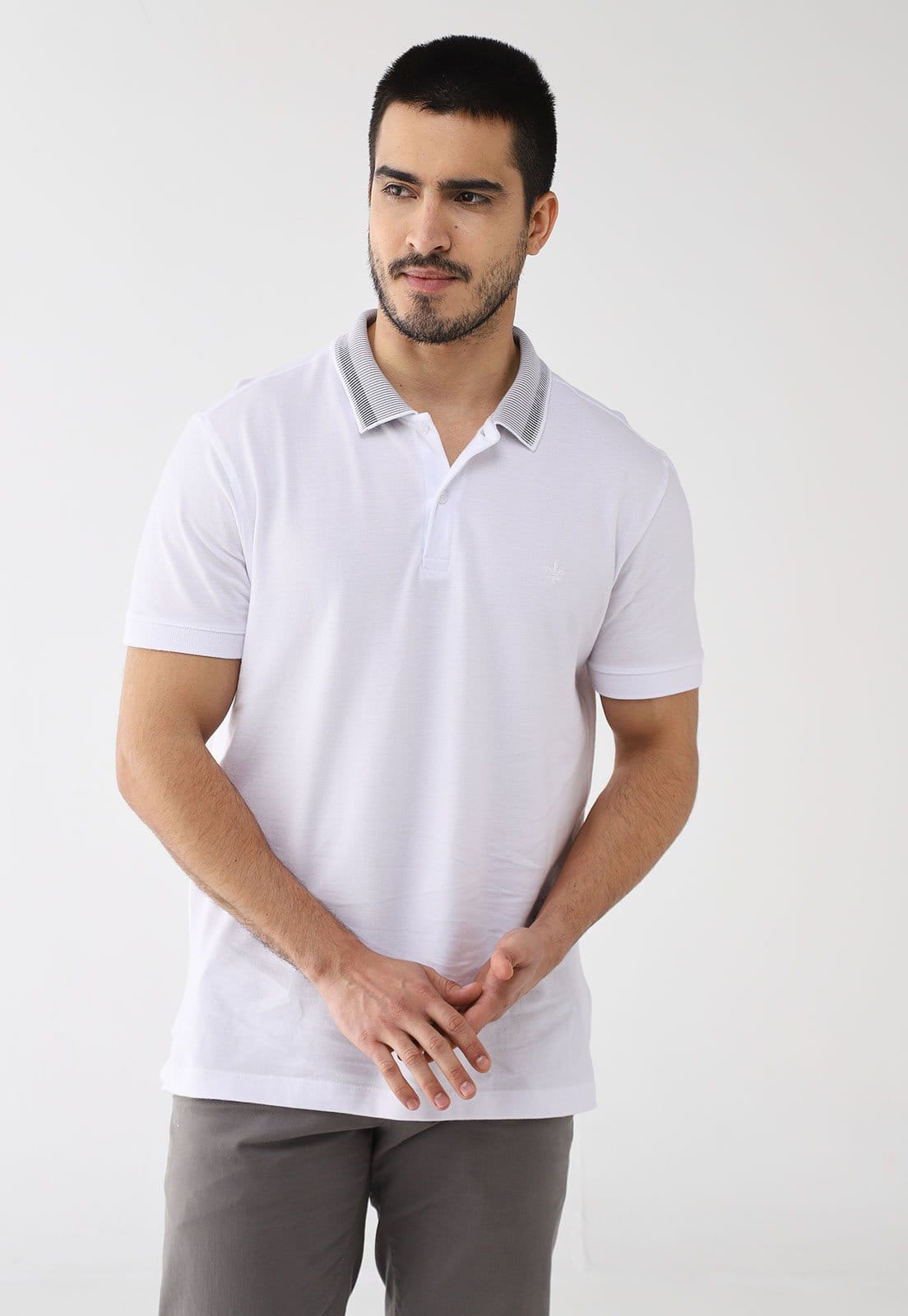 Vista principal Polo Masculina Dudalina Gola Detalhe Listrado Branca Dudalina branco