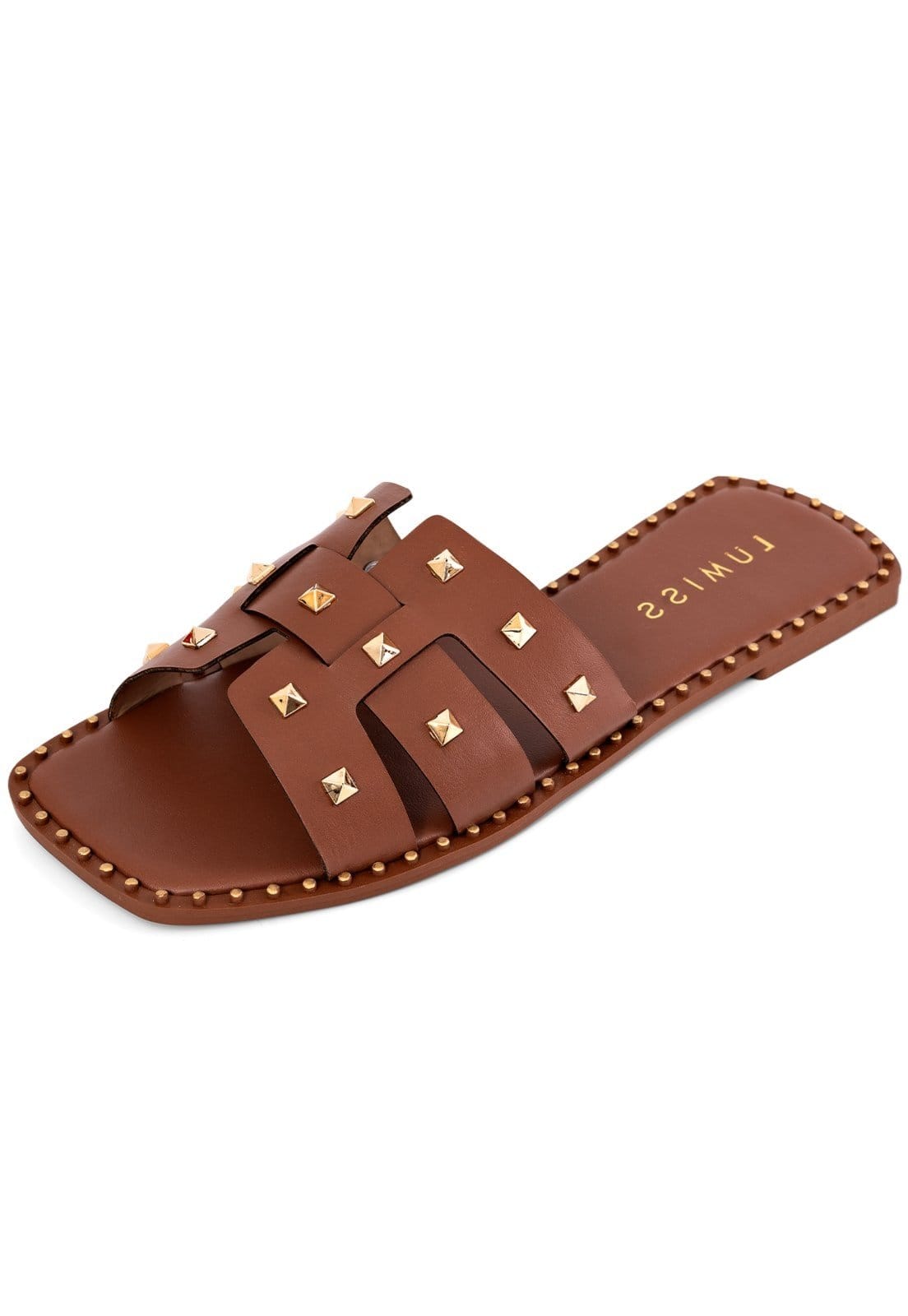 Sandália Rasteira Feminina Lumiss Spike Tacha Pirâmide Bico Quadrado Confortável