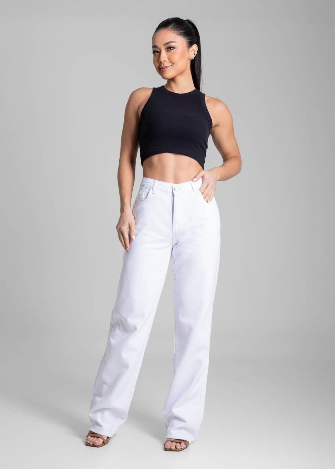 Vista 2 Calça Sarja Sawary Wide Leg - 281913 Sawary branco