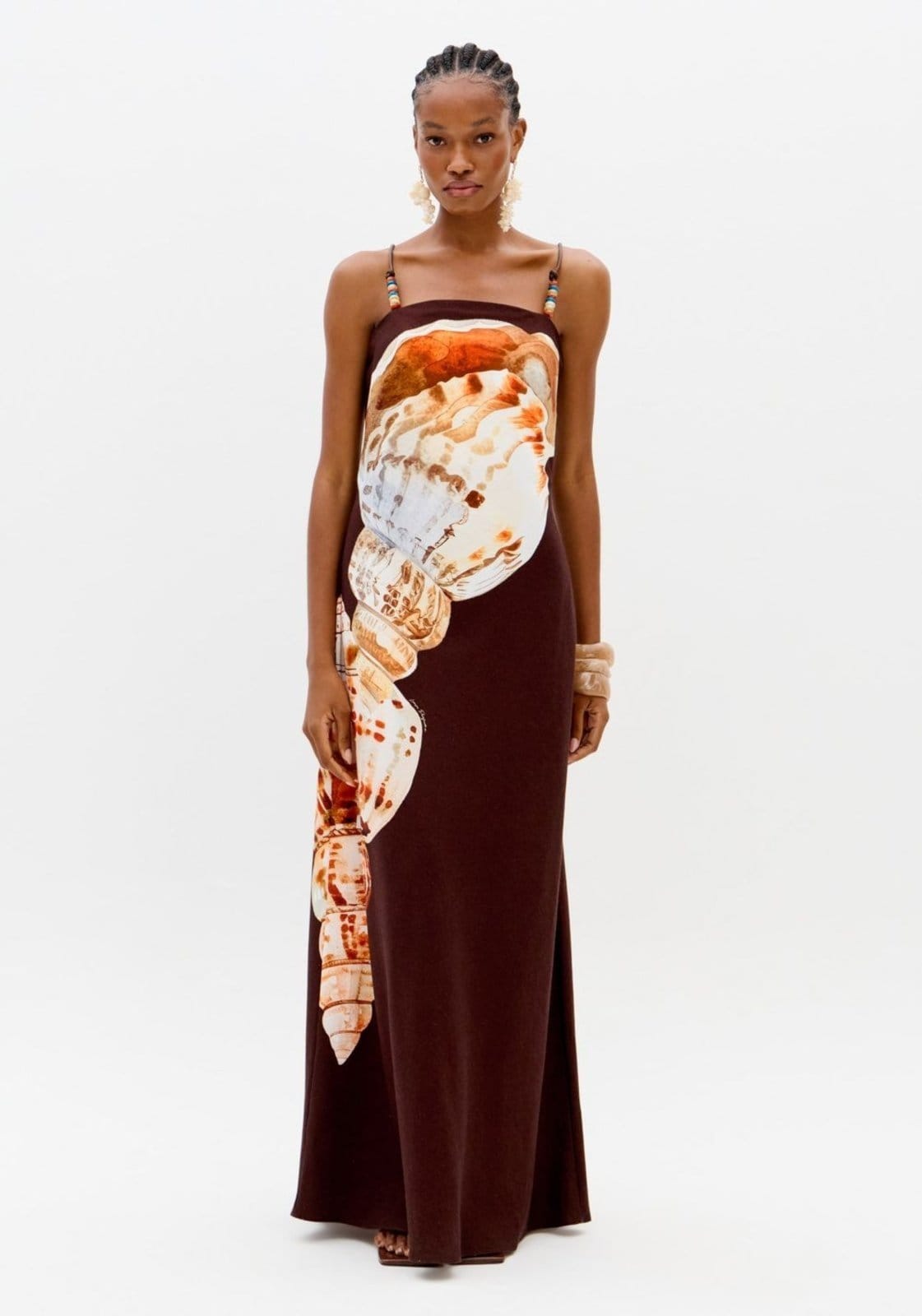 Vista principal Vestido Super Midi De Alças Com Estampa Lança Perfume marrom